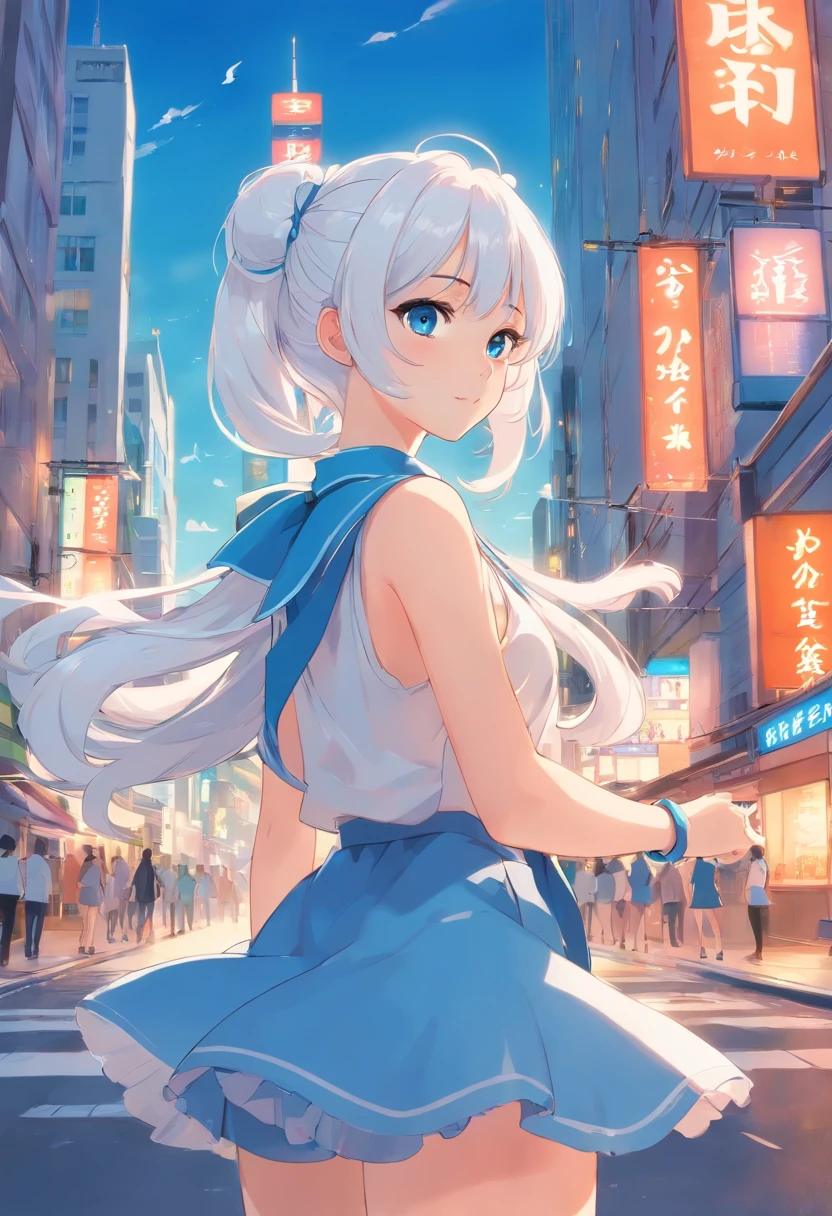 White color hair,Double ponytail curls,blue color eyes,White Lolita,Beth,A bustling city street