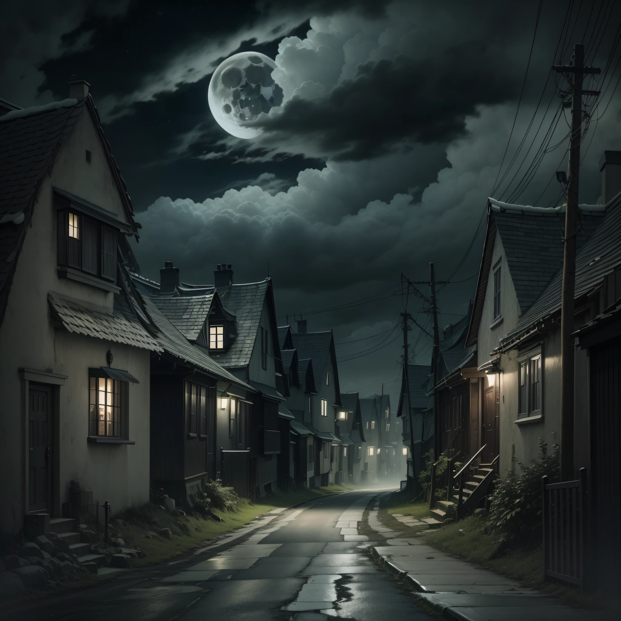 horror scene，nigth，Moon and big clouds，The silence is eerie，The wind outside was eerie, Silent street，Empty slate，The houses on both sides were illuminated by dim lights，In the middle of the street there is the back of a man with a bald head and a black robe，Holding a short wand in his hand。