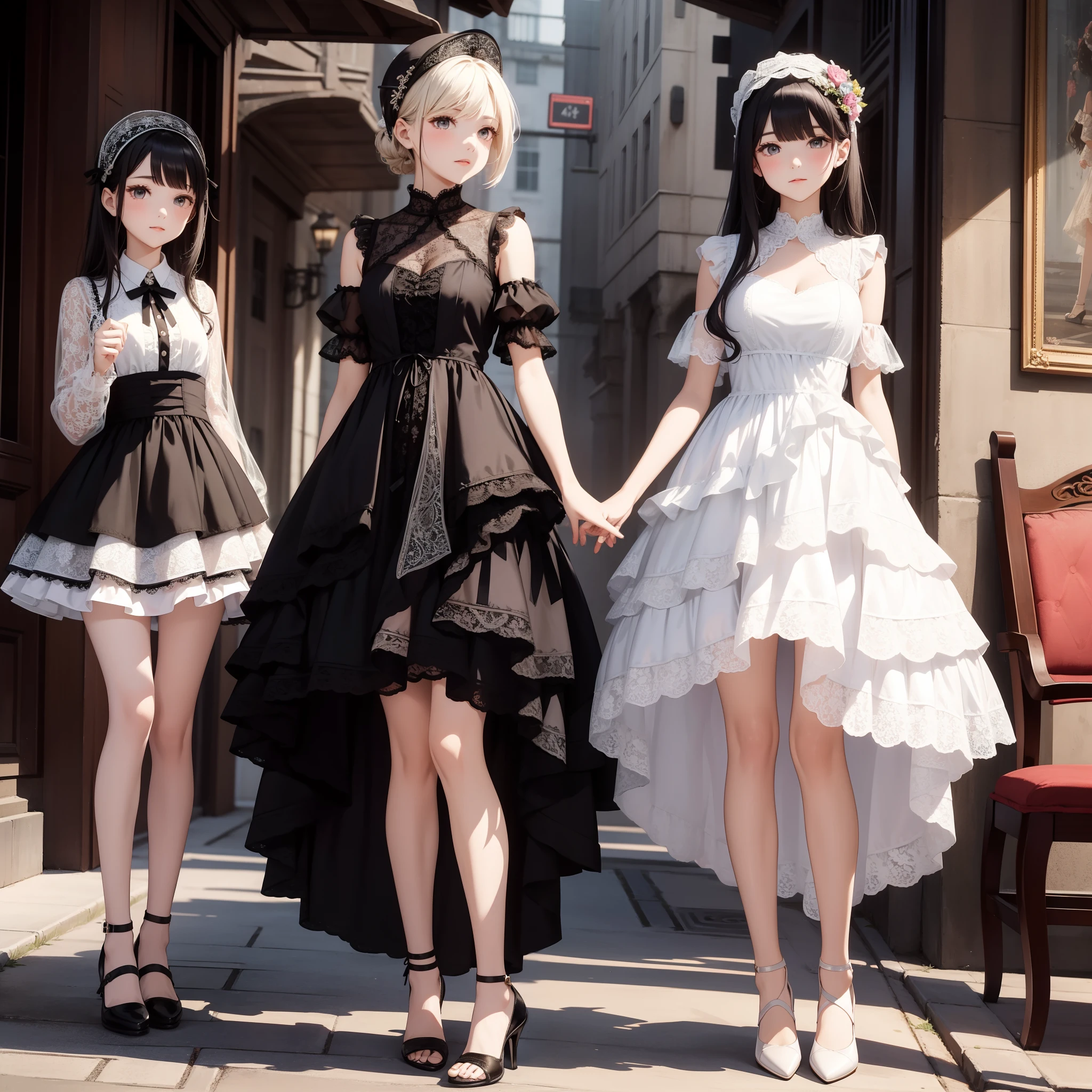 Three women in short dresses are standing on a sidewalk - SeaArt AI