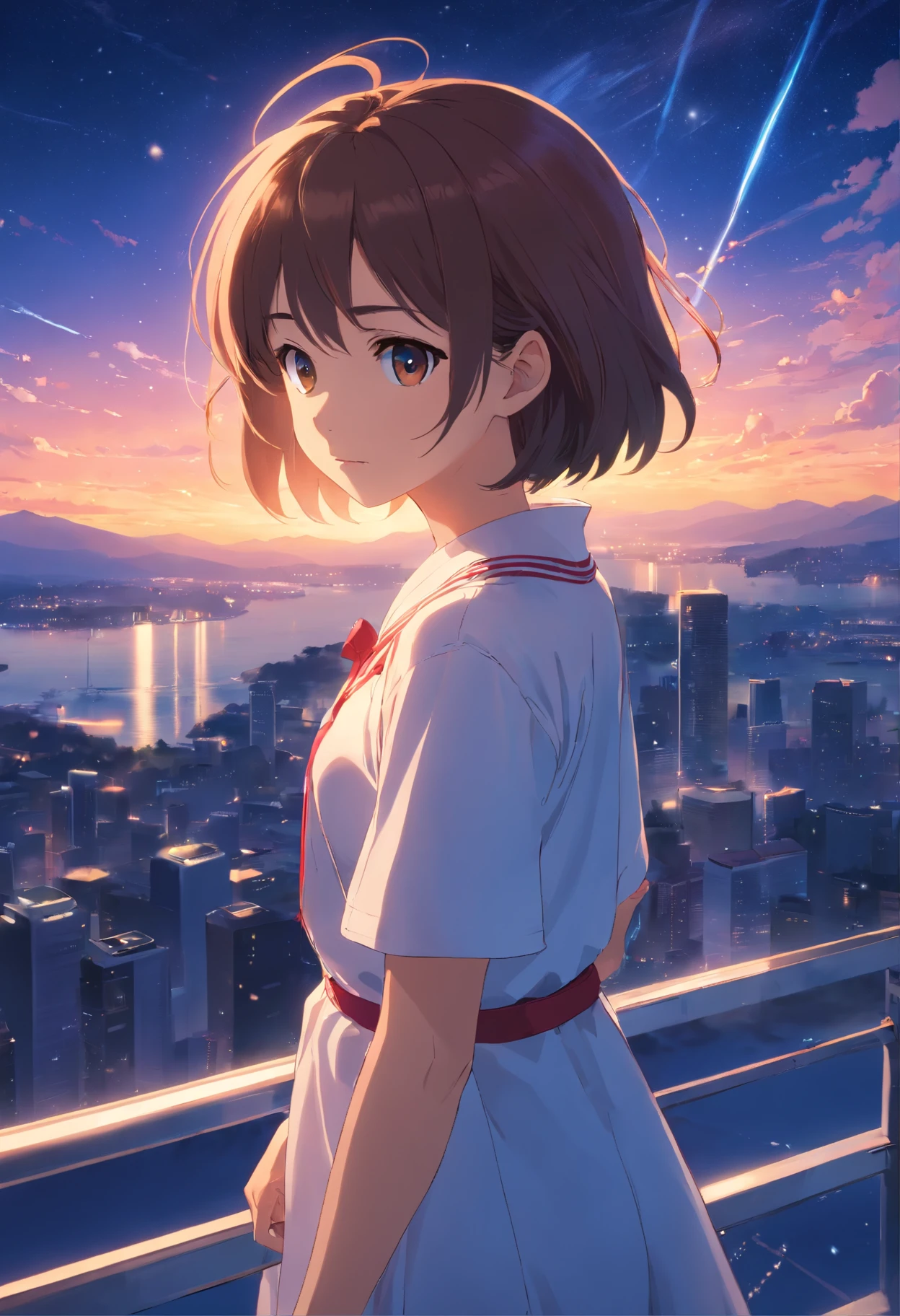 tmasterpiece,best qualtiy,cinematic Film still from,solo,1girl,Fine face,Fine hair,finely quality eyes,white dresses,Red ribbon,Cross your hands over your chest,(night sky background:0.7)