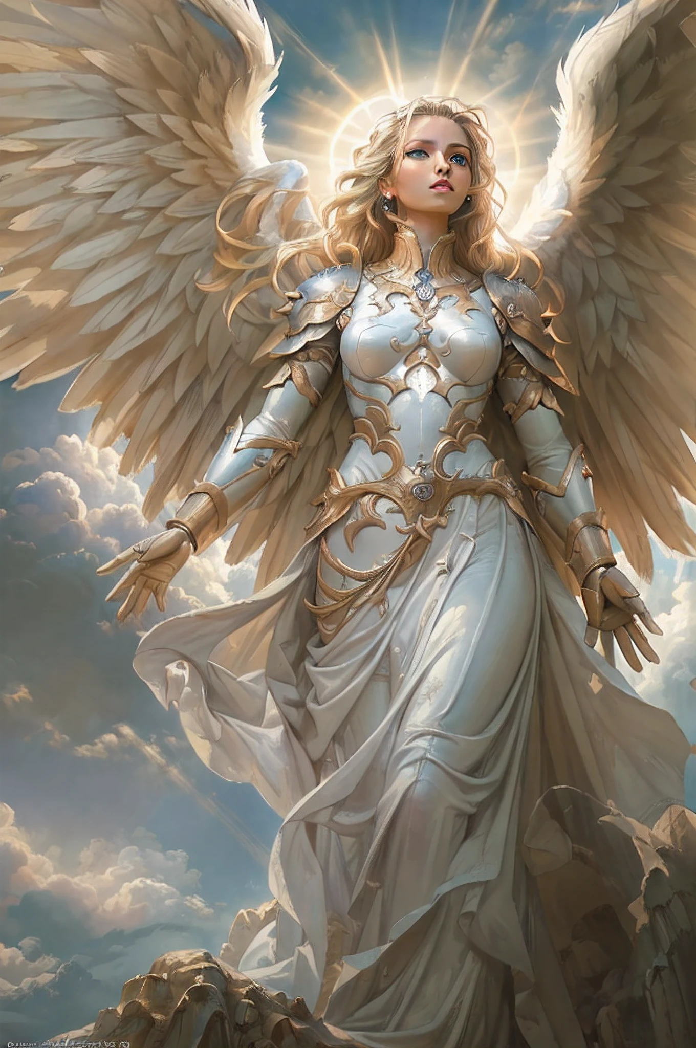 a picture of an exquisite archangel  (best details, Masterpiece, best quality :1.5), flying in the sky, cloudy skies background, an epic beautiful  female angel (best details, Masterpiece, best quality :1.5) extremely beautiful woman angel,  blond hair, intense eye, angel_wings, angel wings wide spread, ultra feminine, ultra detailed face, wearing heavenly armor,  birds view, sun rays, divine rays, sense of divinity, sense of awe majestic atmosphere, ultra best realistic, best details, best quality, 16k, [ultra detailed], masterpiece, best quality, (extremely detailed), ultra wide shot, photorealism, depth of field, hyper realistic painting,