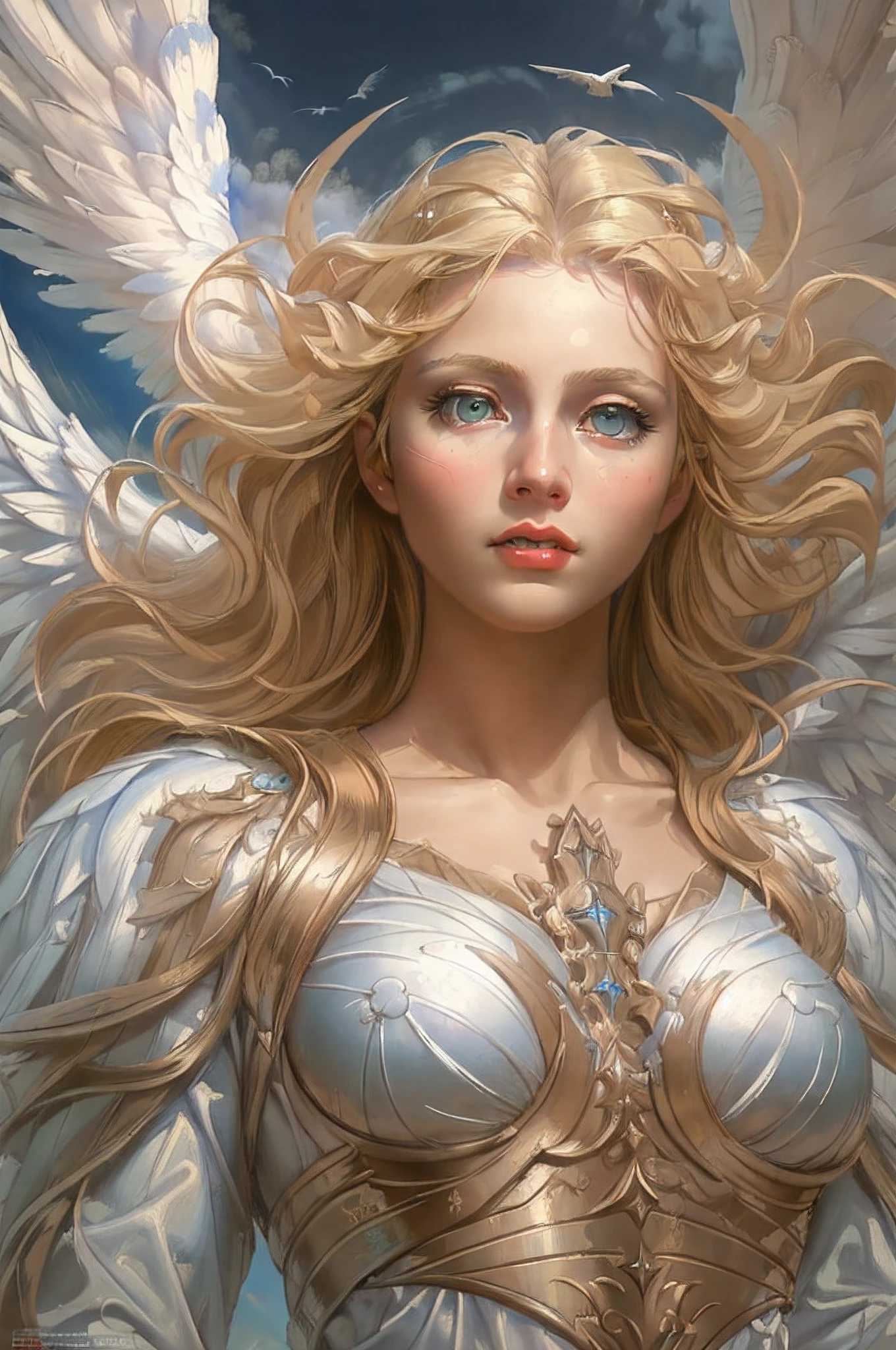 a picture of an exquisite archangel  (best details, Masterpiece, best quality :1.5), flying in the sky, cloudy skies background, an epic beautiful  female angel (best details, Masterpiece, best quality :1.5) extremely beautiful woman angel,  blond hair, intense eye, angel_wings, angel wings wide spread, ultra feminine, ultra detailed face, wearing heavenly armor,  birds view, sun rays, divine rays, sense of divinity, sense of awe majestic atmosphere, ultra best realistic, best details, best quality, 16k, [ultra detailed], masterpiece, best quality, (extremely detailed), ultra wide shot, photorealism, depth of field, hyper realistic painting,