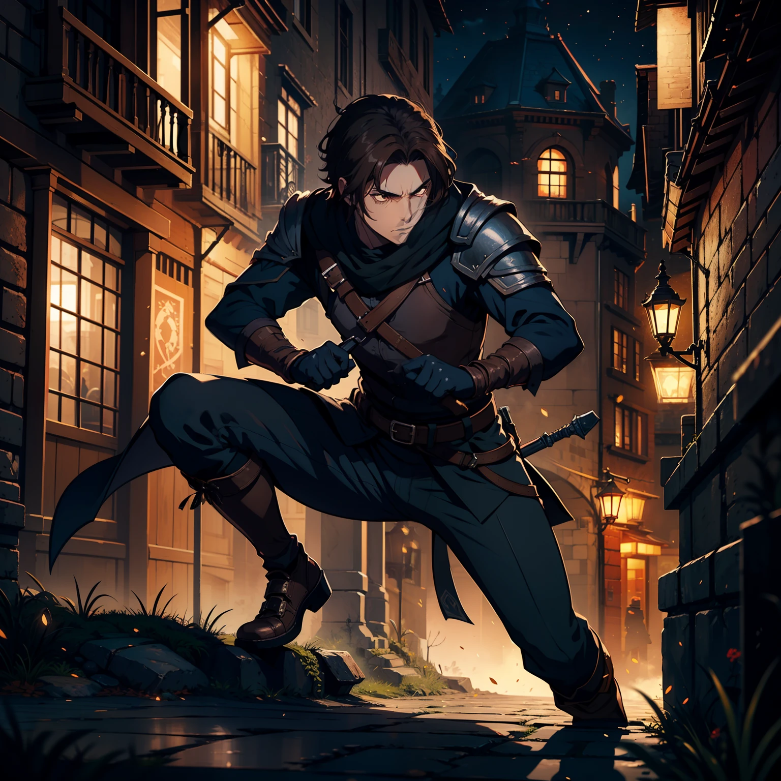 man with brown hair, shadow rogue, shadow power, RPG, medieval city scenery, assassin, brown eyes, rogue armor , night, black tones,4K