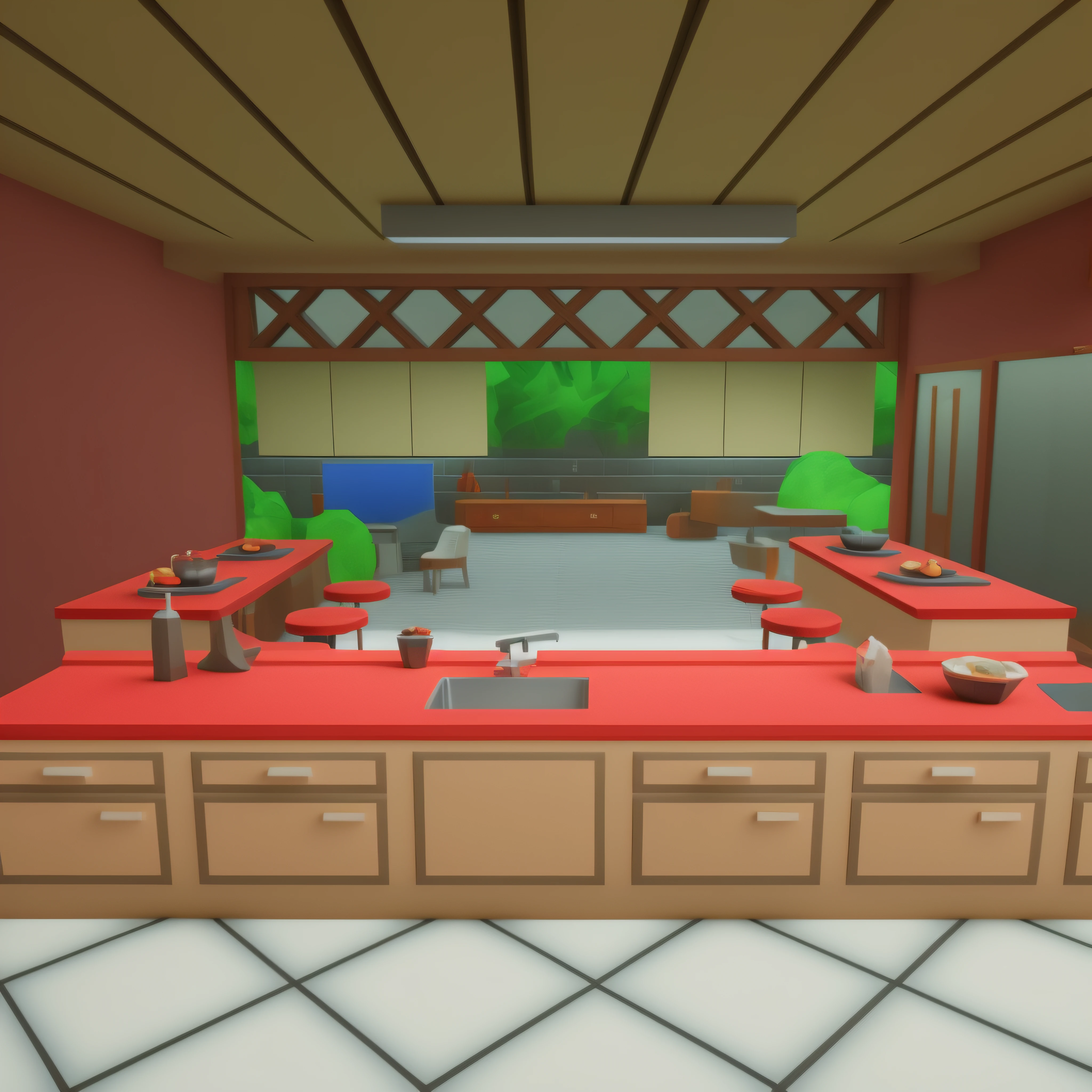 There is a kitchen with a red counter and a red countertop, Fotografia da sala 3D do iOS, Captura de tela de jogabilidade interior, Captura de tela do jogo Life Simulator, 3 d stylize scene, restaurante!, cena hiper detalhada, Cozinha da casa em um dia ensolarado, interior da loja de armas, estilo de jogo interno, 3d rendering stylized, Chef de Mesa, stylized as a 3d rendering