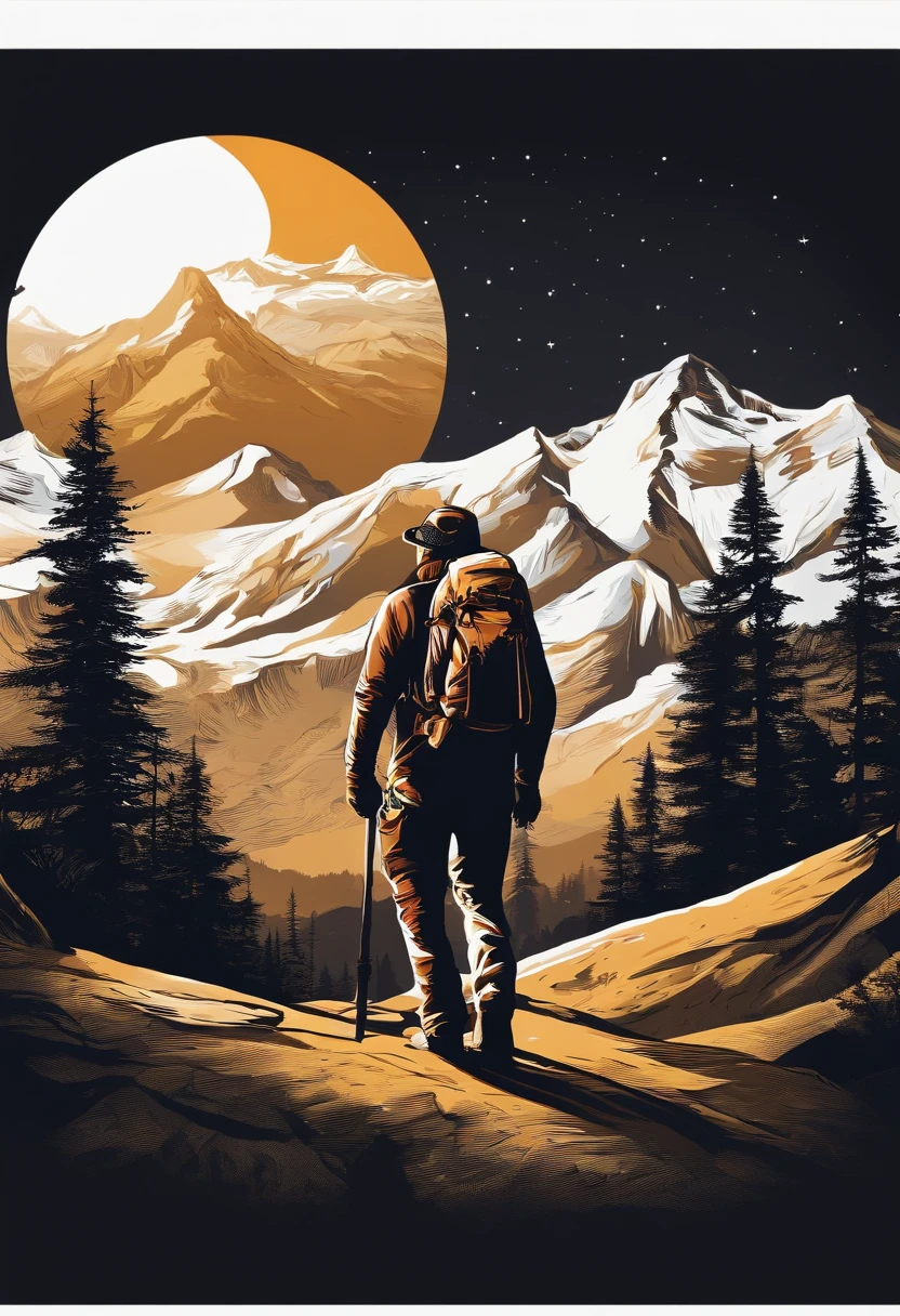 print ready vector t-shirt design, adventure scene with explorer, with beautiful nocturnal sun and mountain in the background, clean white background, professional vector, full shot, 8K resolution, deep impression illustration