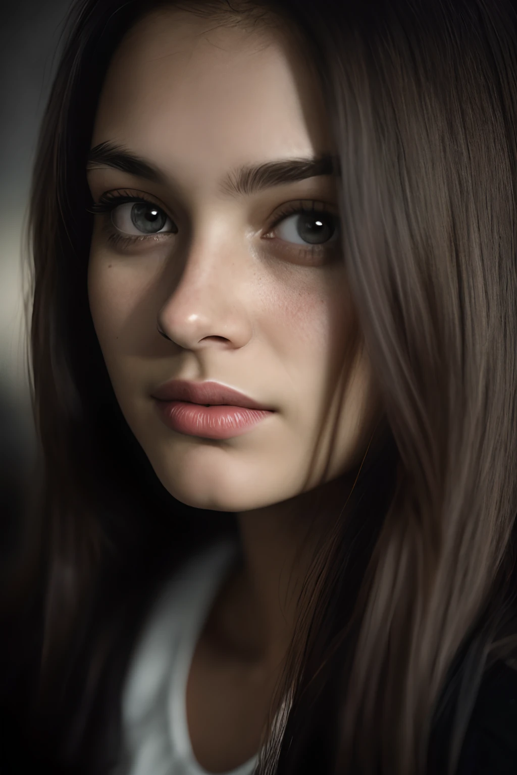 (Close-up, An editorial photo of a 21-year-old woman), (Highly detailed face:1.4) (Smile:0.7) (background inside dark, Moody, Private study:1.3) angle of view, by Lee Jeffries, Nikon D850, film stock photograph ,4 Kodak Portra 400 ,Camera f1.6 shots ,Rich colors ,Ultra photo realsisim ,Lifelike texture, Dramatic lighting , cine still 800,