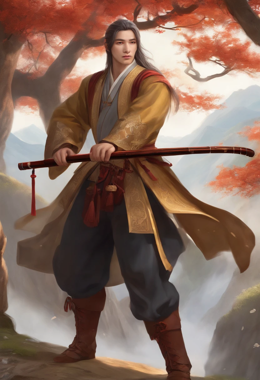 , , He is a young male Taoist with hair and a long European face., , He was playing with an erhu in his hand. He was playing with an erhu in his hand., , He's very good-looking., , He was wearing leather armor., , He's a bard., , He's a bard., , He's a bard., , The background behind him is a mountain, and the background is pure gold, not white.,