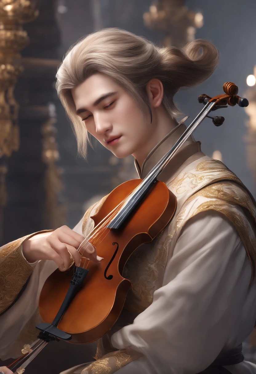, , He is a young male Taoist with hair and a long European face., , He was playing with an erhu in his hand. He was playing with an erhu in his hand., , He's very good-looking., , He was wearing leather armor., , He's a bard., , He's a bard., , He's a bard., , The background behind him is a mountain, and the background is pure gold, not white.,