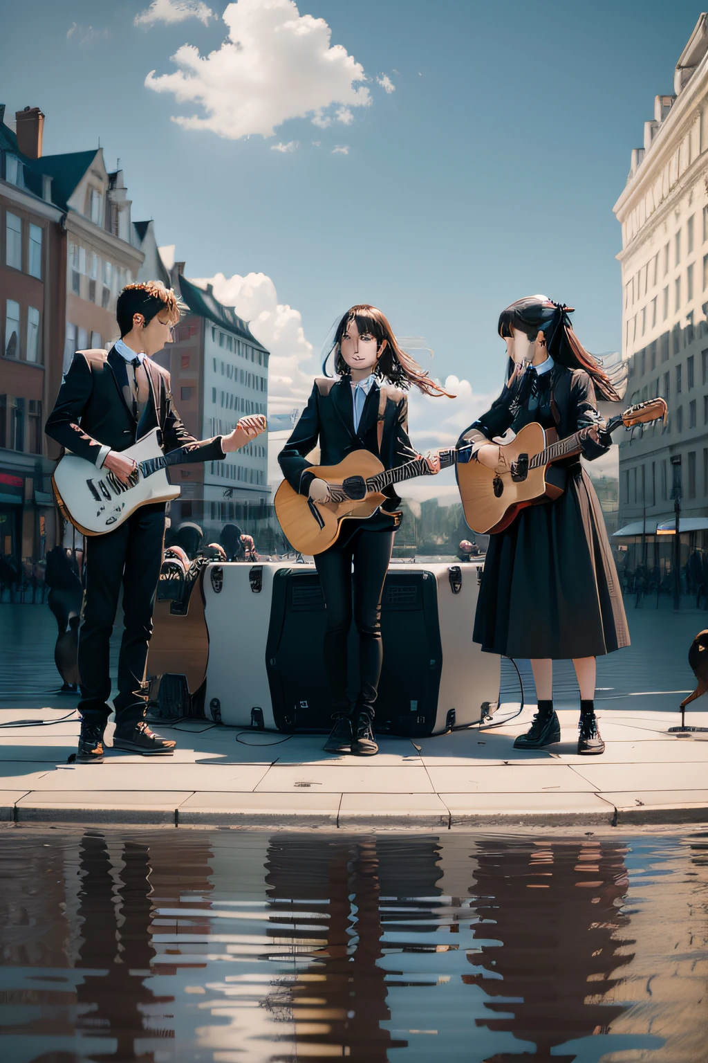 3 boys and 3 girls,Play electric guitar in University Square,Piano and guitar,There is a lake on the edge of the square,There are 7 black swans in the lake