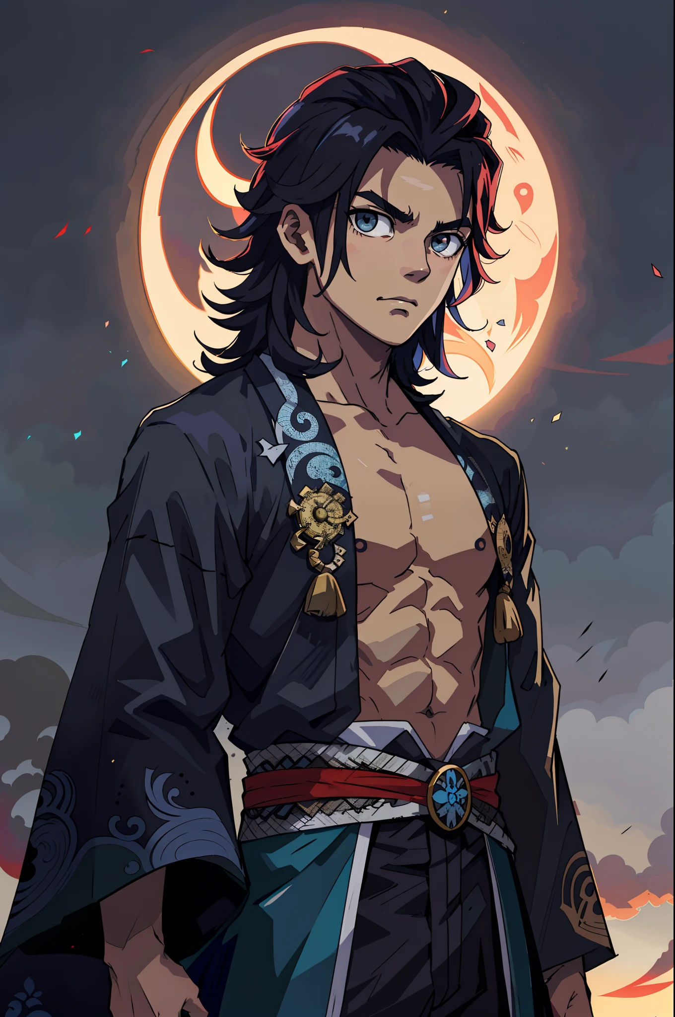 Chico de anime con un cuerpo completo y sin camisa parado frente a una luna llena, Chico guapo en el arte de Demon Slayer, handsome japanese demon boy, Anime hombre guapo, Fanart de Demon Slayer Rui, Personaje masculino de anime, Badass Anime 8K, Demon Slayer Artstyle, Personaje de estilo anime, Hermosa pose de anime, Anime Tribal Boy con Pelo Largo, Arte detallado del personaje de anime
