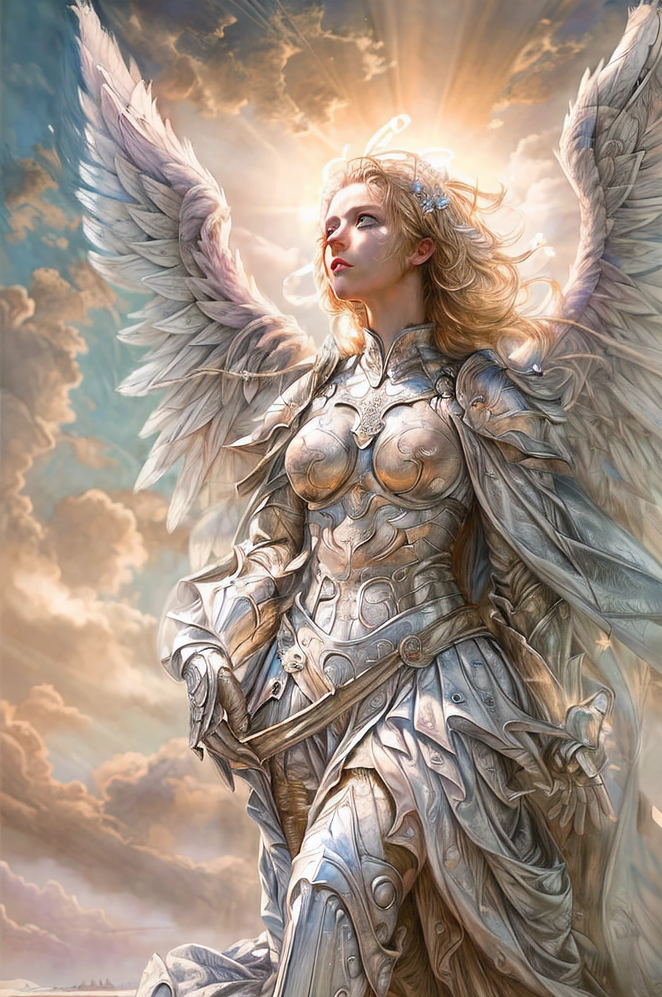 a picture of an archangel, flying in the sky (best details, Masterpiece, best quality :1.5), cloudy skies background, an epic a female angel (best details, Masterpiece, best quality :1.5) extremely beautiful woman angel,  blond hair, intense eye, angel_wings, angel wings wide spread, ultra feminine, ultra detailed face, wearing heavenly armor,  birds view, sun rays, divine rays, sense of divinity, sense of awe majestic atmosphere, ultra best realistic, best details, best quality, 16k, [ultra detailed], masterpiece, best quality, (extremely detailed), ultra wide shot, photorealism, depth of field, hyper realistic painting,