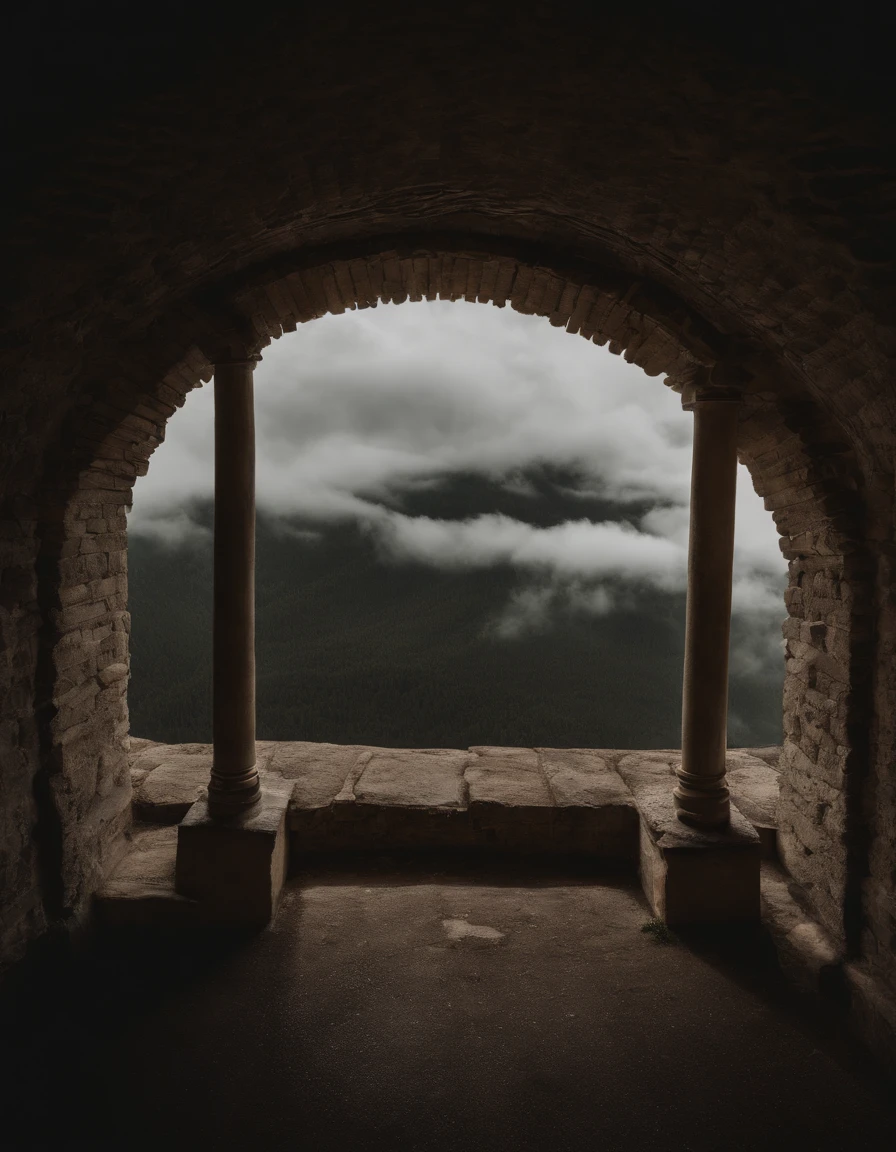 A view of a stone archway with columns and a cloudy sky - SeaArt AI