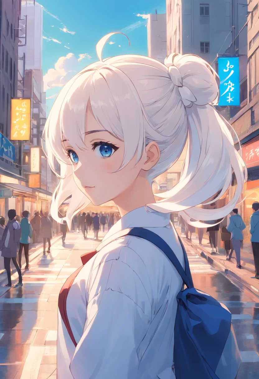 White color hair,Double ponytail curls,blue color eyes,White Lolita,Beth,A bustling city street