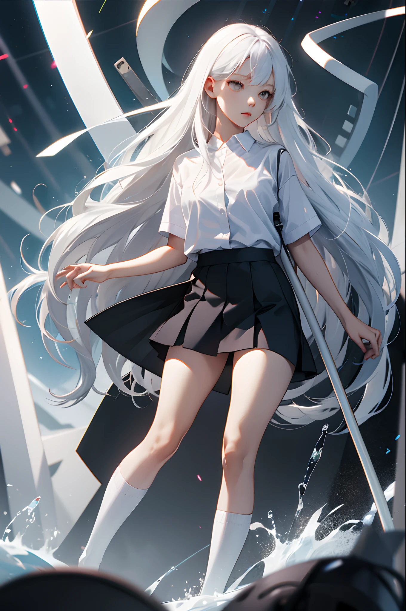 teens girl,long white hair,quadratic element,white shirt,black short skirt,Over-the-knee black stockings,Clothes are soaked