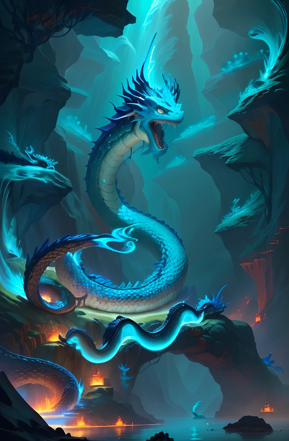 Close-up of a dragon with a long tail in a cave, serpentine water monster, Sea snake, cyan chinese dragon fantasy, Ethereal eel, water dragon, jormungandr, blue scaled dragon, Hydra from Path of Exile, Digital paintings of Quetzalcoatl, blue dragon, Jormun-gun, naga-tirr, water elemental