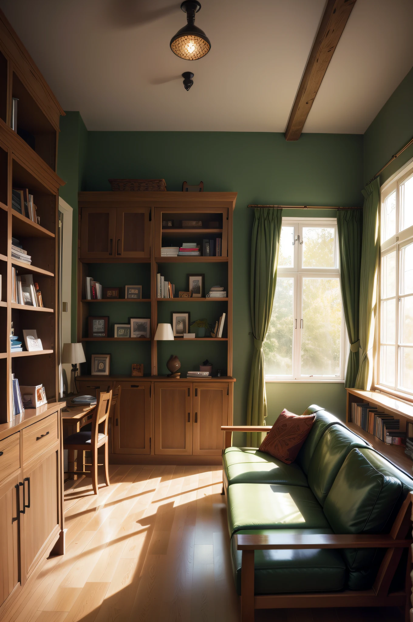 room with big windows, built in wooden shelving with colorful books, green leather and oak modern couch and solid oak flooring 45mm original editorial photo