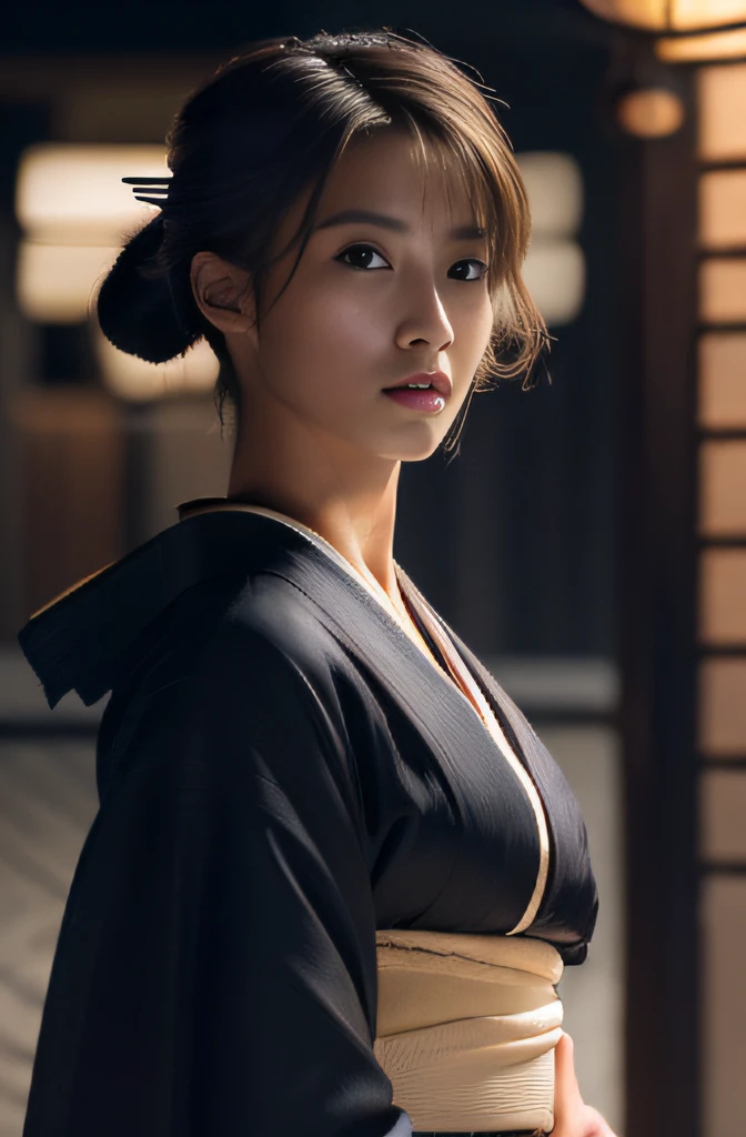 (masterpiece, top-quality:1.3), (Ultra detailed 8K cg:1.2), (hyper realisitic:1.35), (Photorealistic:1.45), (Realistic:1.4), 1 beautiful Japanese girl, blond hair, very shortcut hair, (Tanned skin:1.4), (flat chest:1.2), (gal make:1.3), (Looking at Viewer), Dynamic lighting, cinematic Angle, (black kimono:1.5), (moonlight:1.3), (action:1.5),