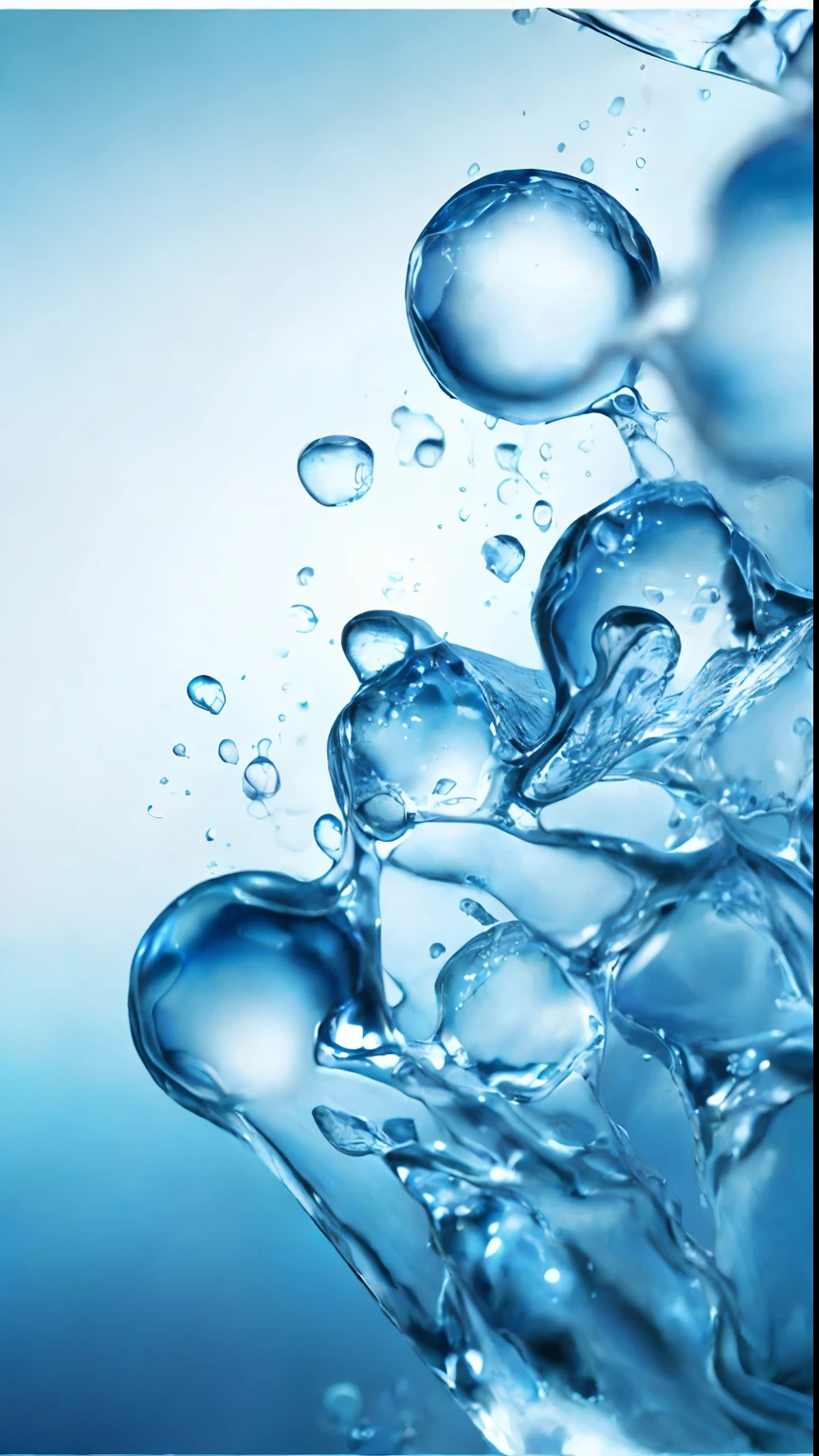 Water molecules, skin, white and translucent, creating a poster,Transparent material, bright background, blue