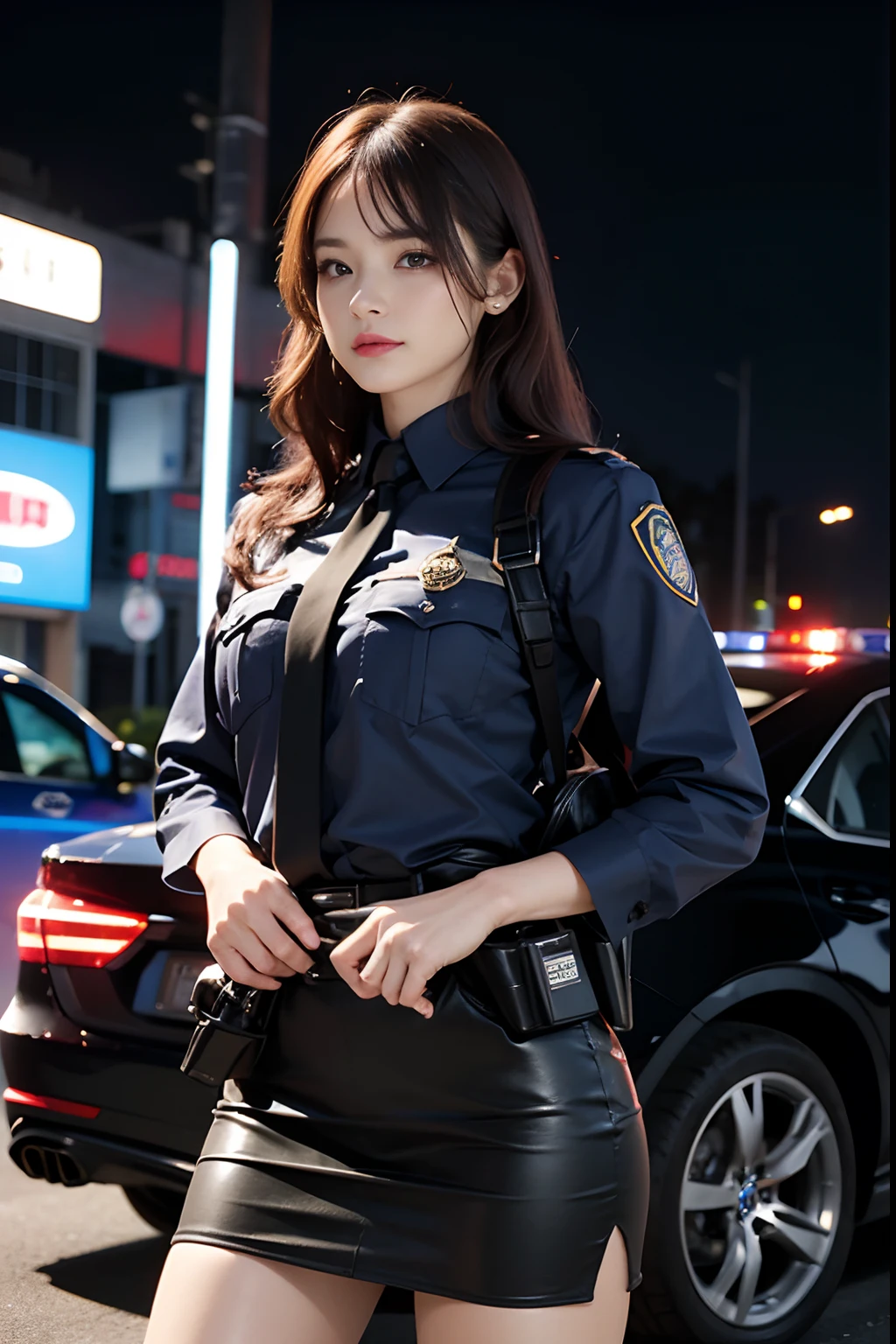 (best quality,4k,8k,highres,masterpiece:1.2),ultra-detailed,(realistic,photorealistic,photo-realistic:1.37),female police officer,short skirt,confident expression,long wavy hair,professional,police badge,pistol,walkie-talkie,police car in the background,urban environment,night scene,strong lighting,vibrant colors,serious demeanor,modern equipment,feminine yet authoritative,attention to facial features and makeup,stylish and fashionable attire
