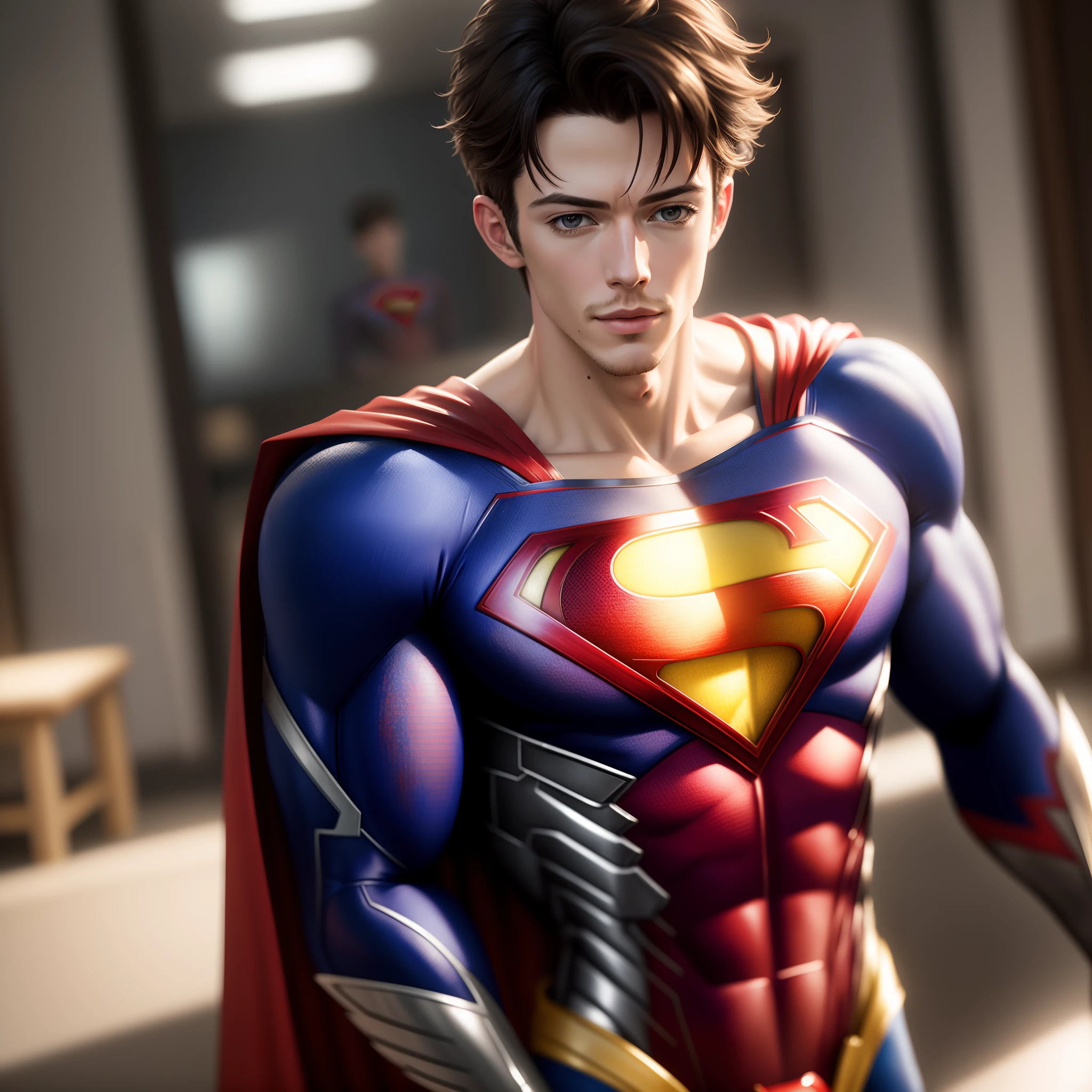 masterpiece, best quality, realistic, Grant Gustin as superman  \(Superman, blurry, still life, , depth of field, blurry background, Batman\),