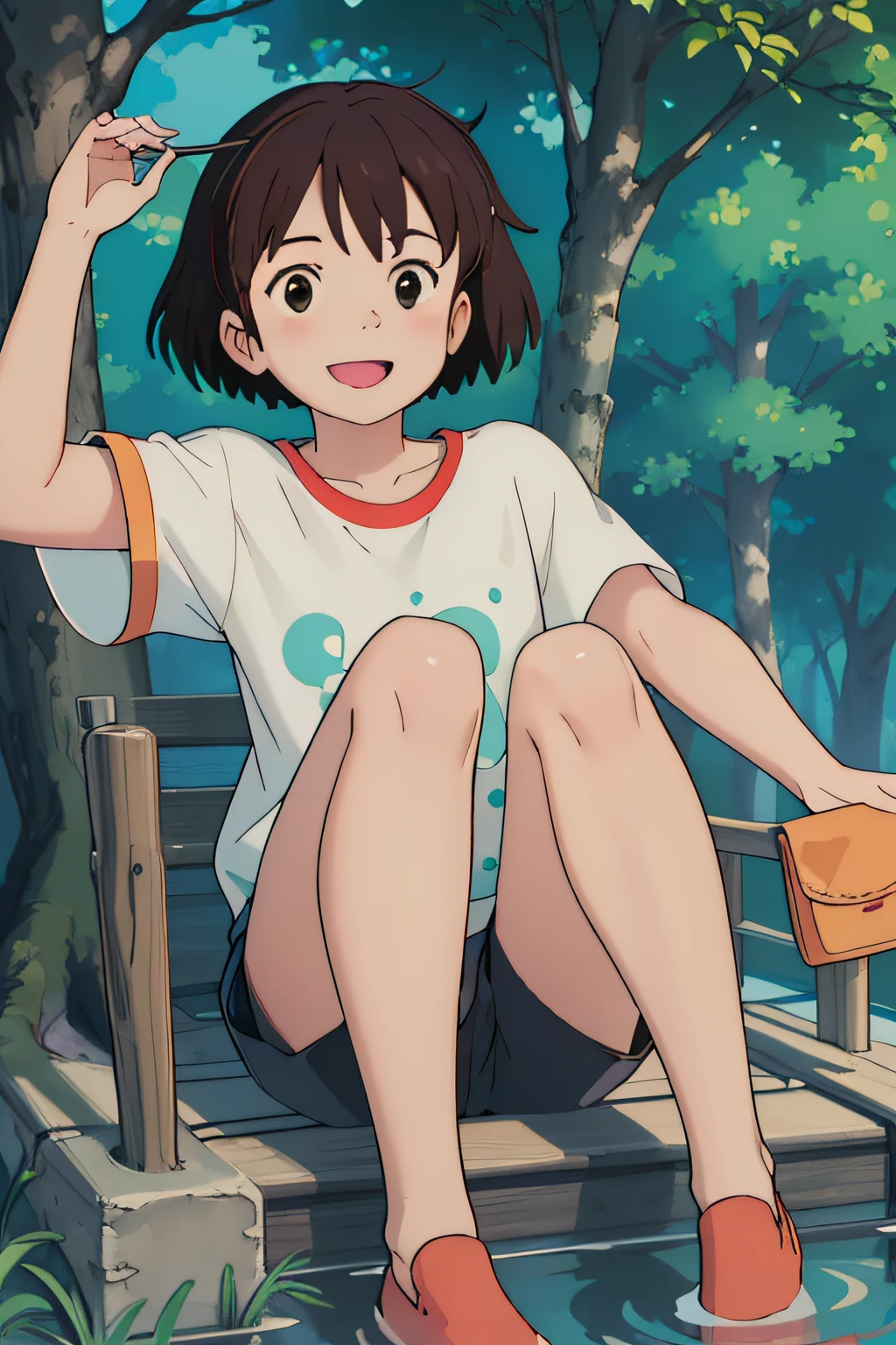 (​masterpiece:1.4)、(top-quality:1.4)、(hight resolution:1.4)、A smile、girl with、Bob Hair、1 girl in、falls、Water droplets、Plain Oversized Red T-Shirt、Wearing shorts、espadrilles、ln the forest、lo fi、hurrah