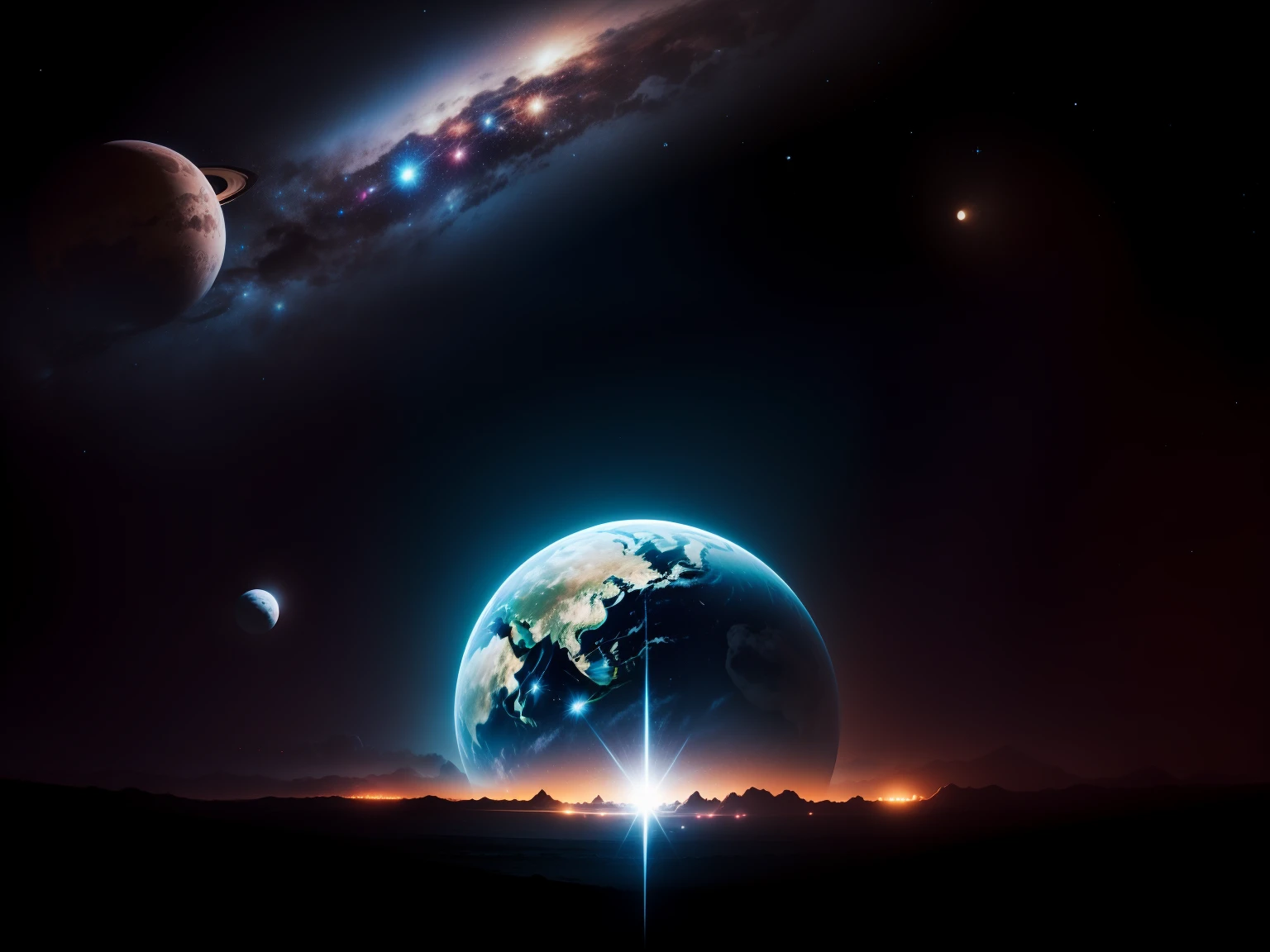 planets and stars with universe in the back neon splash with black background