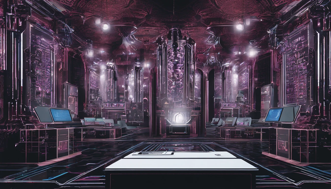 Create a 3D scene that portrays an interaction hub for AI chatbot development. Envision a vibrant space where AI-powered chatbots engage in dynamic conversations with users. Surround the central area with screens displaying chatbot interfaces and graphs illustrating data analysis. Incorporate AI-themed elements like circuit pathways and virtual assistants collaborating to exemplify the agency's prowess in AI technology.