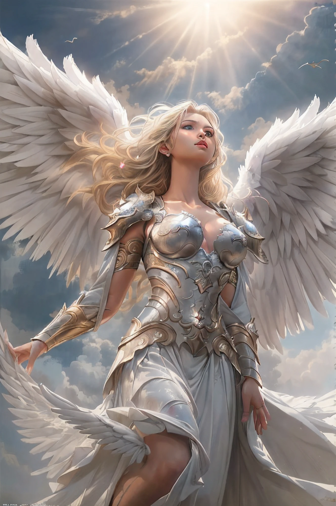a picture of an exquisite archangel  (best details, Masterpiece, best quality :1.5), [[flying in the sky]], cloudy skies background, an epic beautiful  female angel (best details, Masterpiece, best quality :1.5) extremely beautiful woman angel,  blond hair, intense eye, angel_wings, angel wings wide spread, ultra feminine, ultra detailed face, wearing heavenly armor,  birds view, sun rays, divine rays, sense of divinity, sense of awe majestic atmosphere, ultra best realistic, best details, best quality, 16k, [ultra detailed], masterpiece, best quality, (extremely detailed), ultra wide shot, photorealism, depth of field, hyper realistic painting,