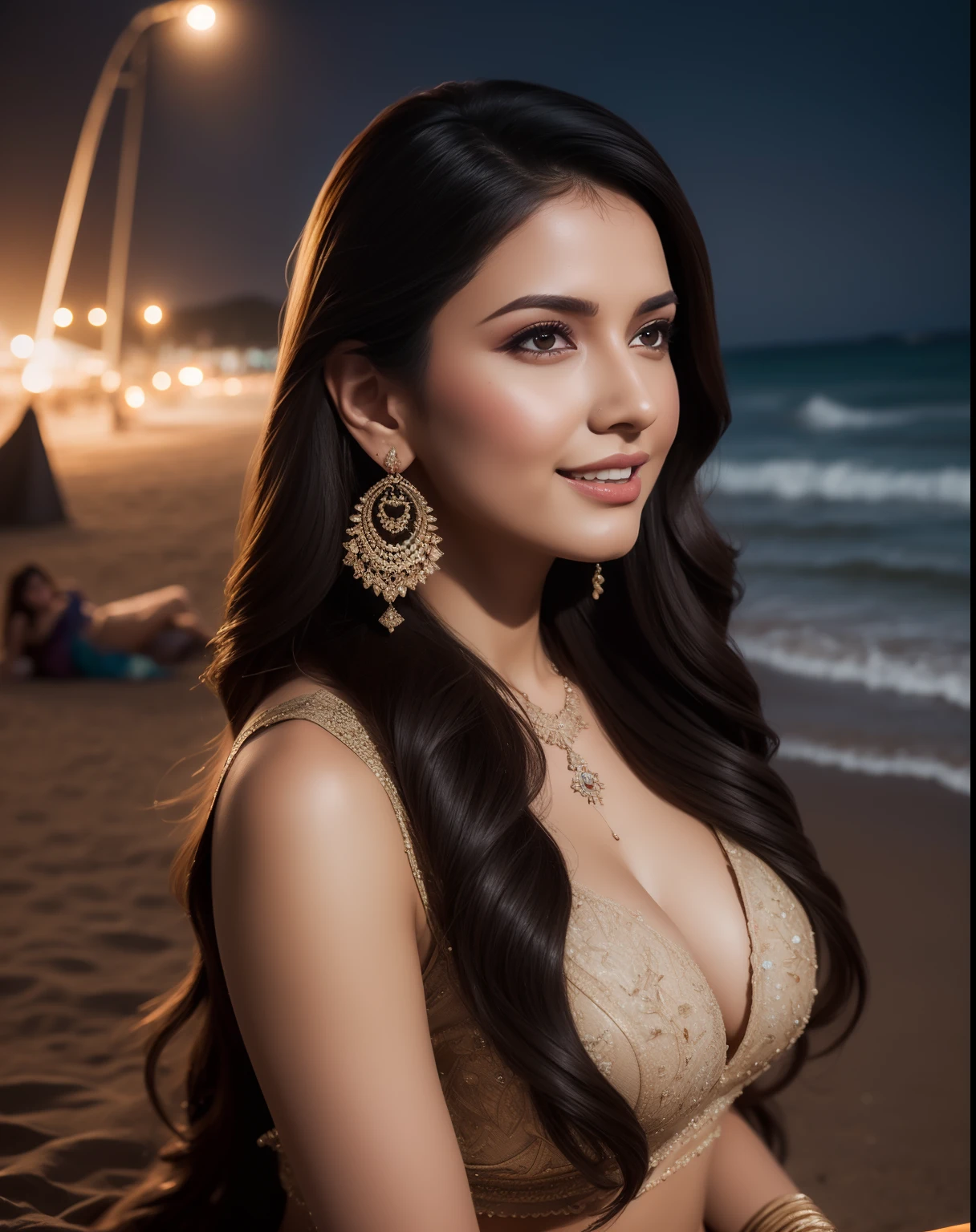 Portrait of A confident-looking indian woman, laughing, royal princess sitting with her friend with long flowing hair, hazel eyes, designer jewellery, sitting on beach, ocean background, night time, camp fire framing, bokeh, perfect composition, hyperrealistic, super detailed, 8k, high quality, trending art, trending on artstation, sharp focus, photo shoot, intricate details, highly detailed, art by greg rutkowski