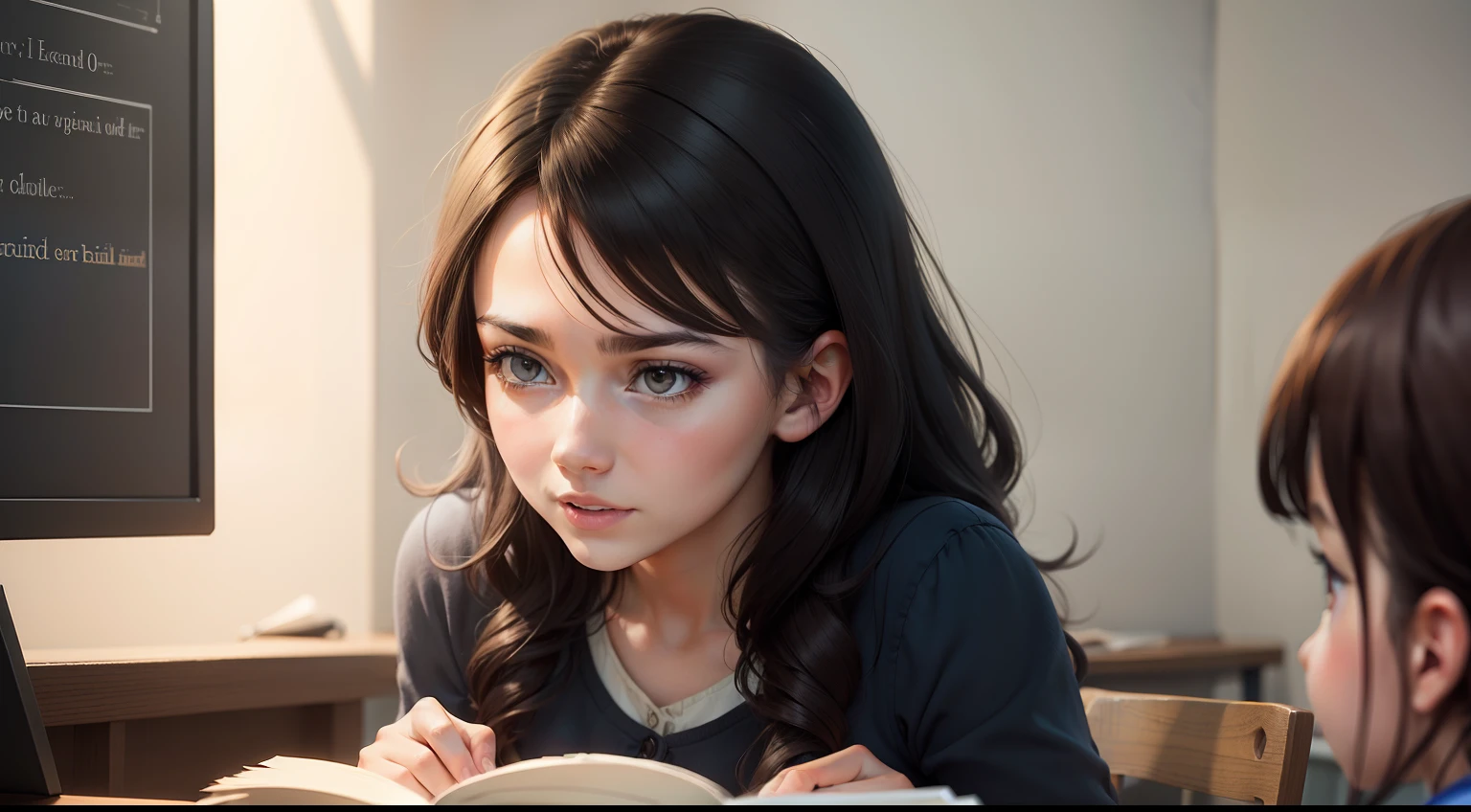 a simple young woman with dark hair, teaching children to read, animated style, realistic, UHD