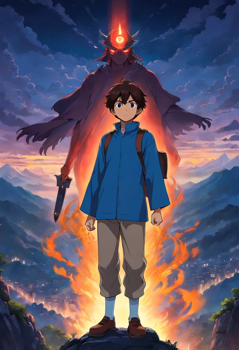 A boy with darkness who has immensive power who slaughtered a clan standing with a great tragic style with no regrets attitude on top of the mountain