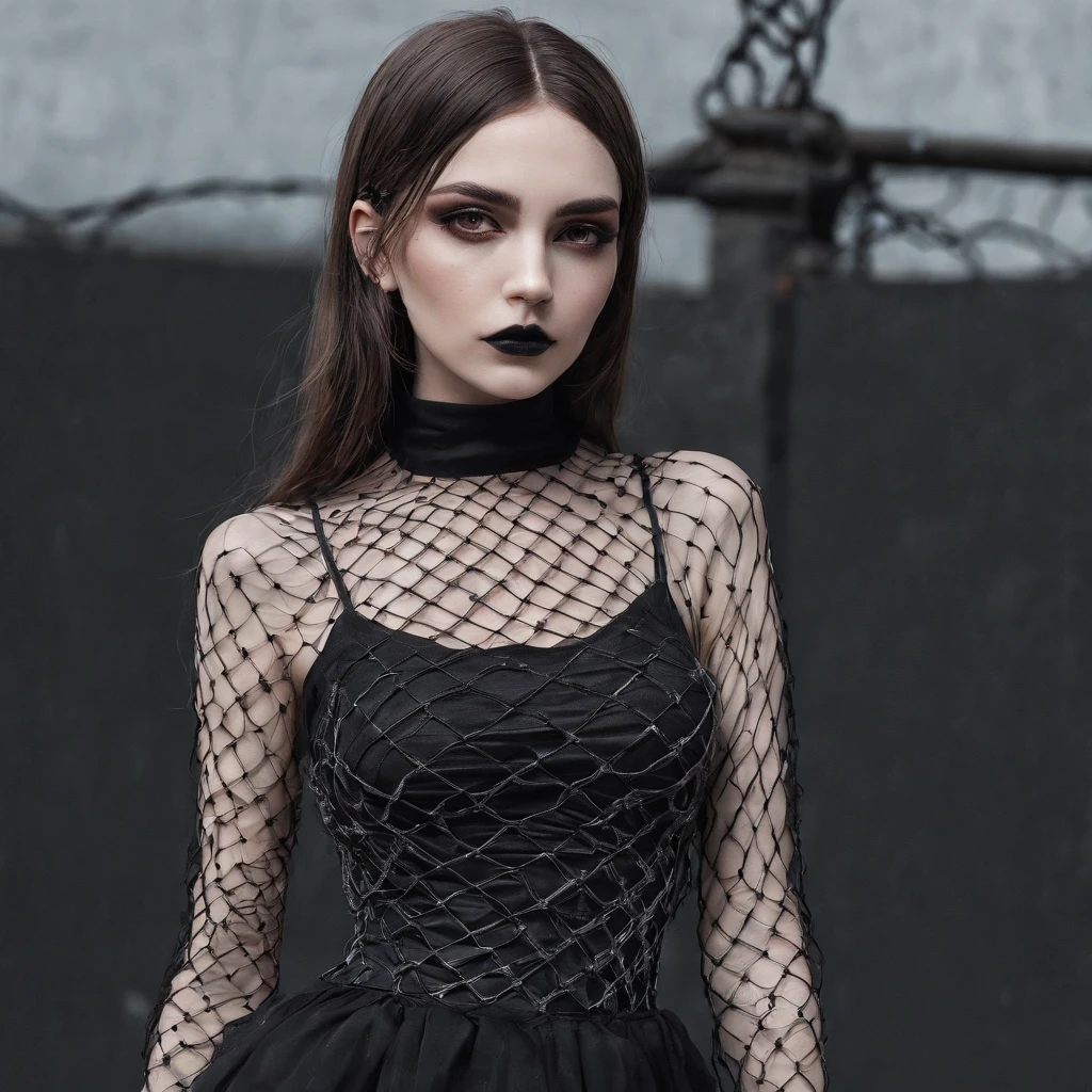Girl with gothic net symbolic clothes, 。.com (Barbed wire of the body) brunette color hair，Gray hair ends cheesehamburger drop