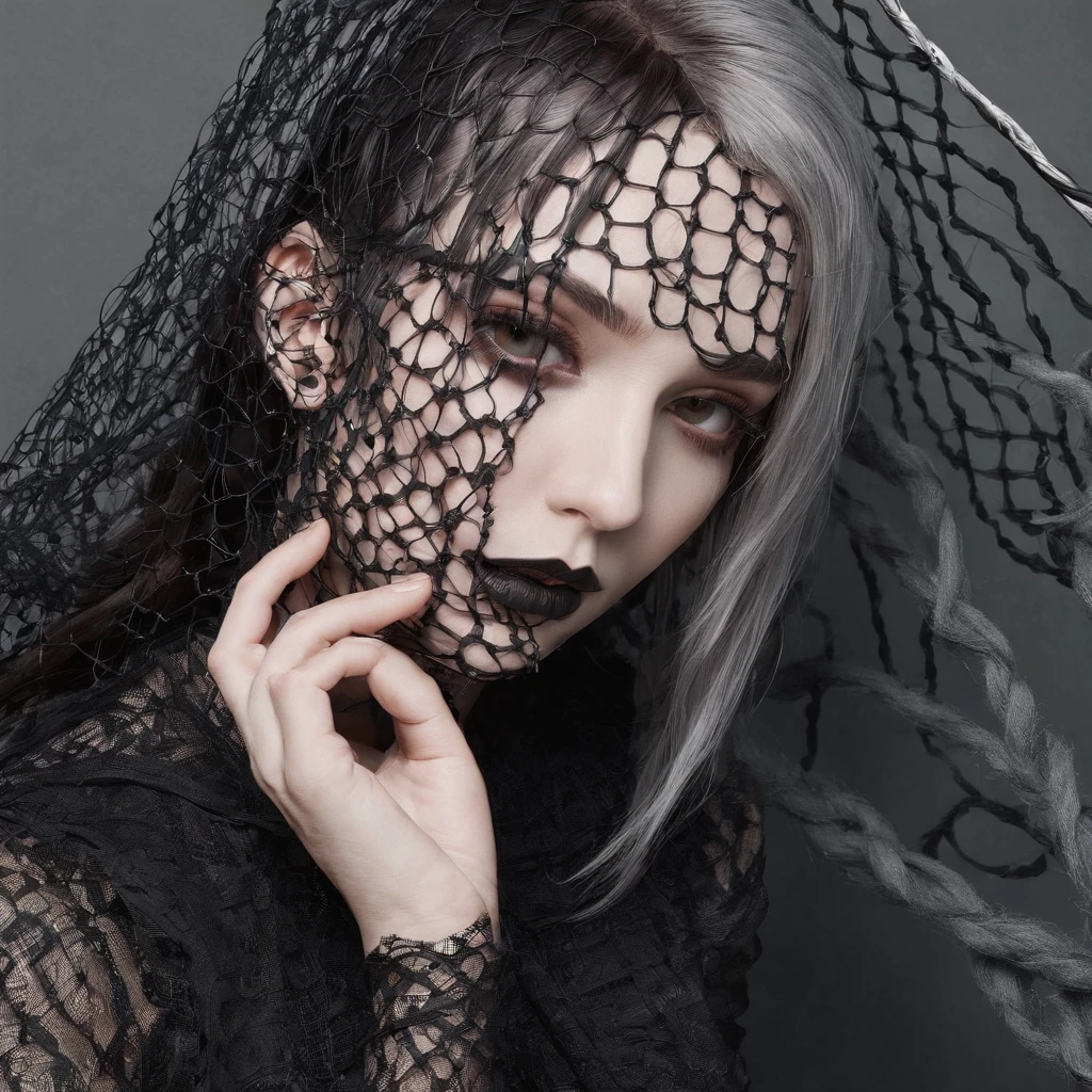 Girl with gothic net symbolic clothes, 。.com (Barbed wire of the body) brunette color hair，Gray hair ends cheesehamburger drop