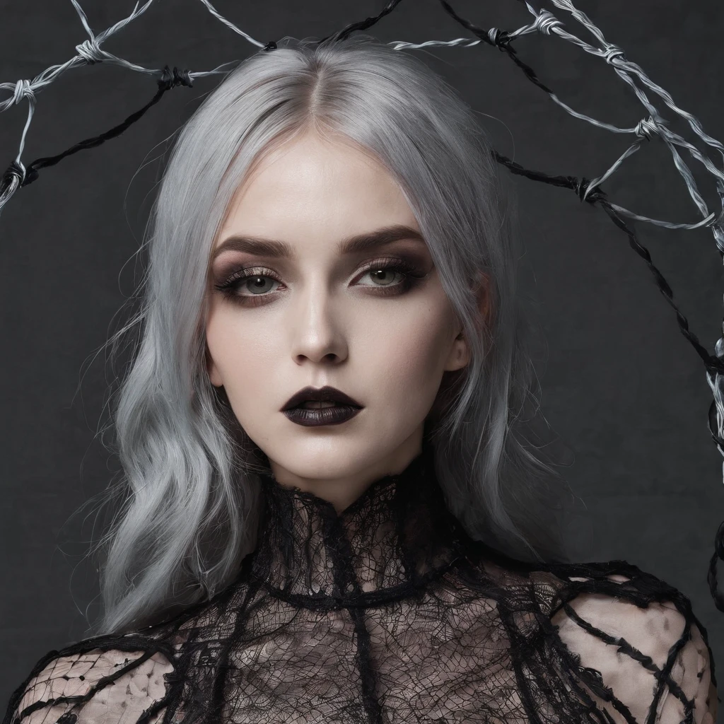Girl with gothic net symbolic clothes, 。.。.com (Barbed wire of the body) brunette color hair,Gray hair ends