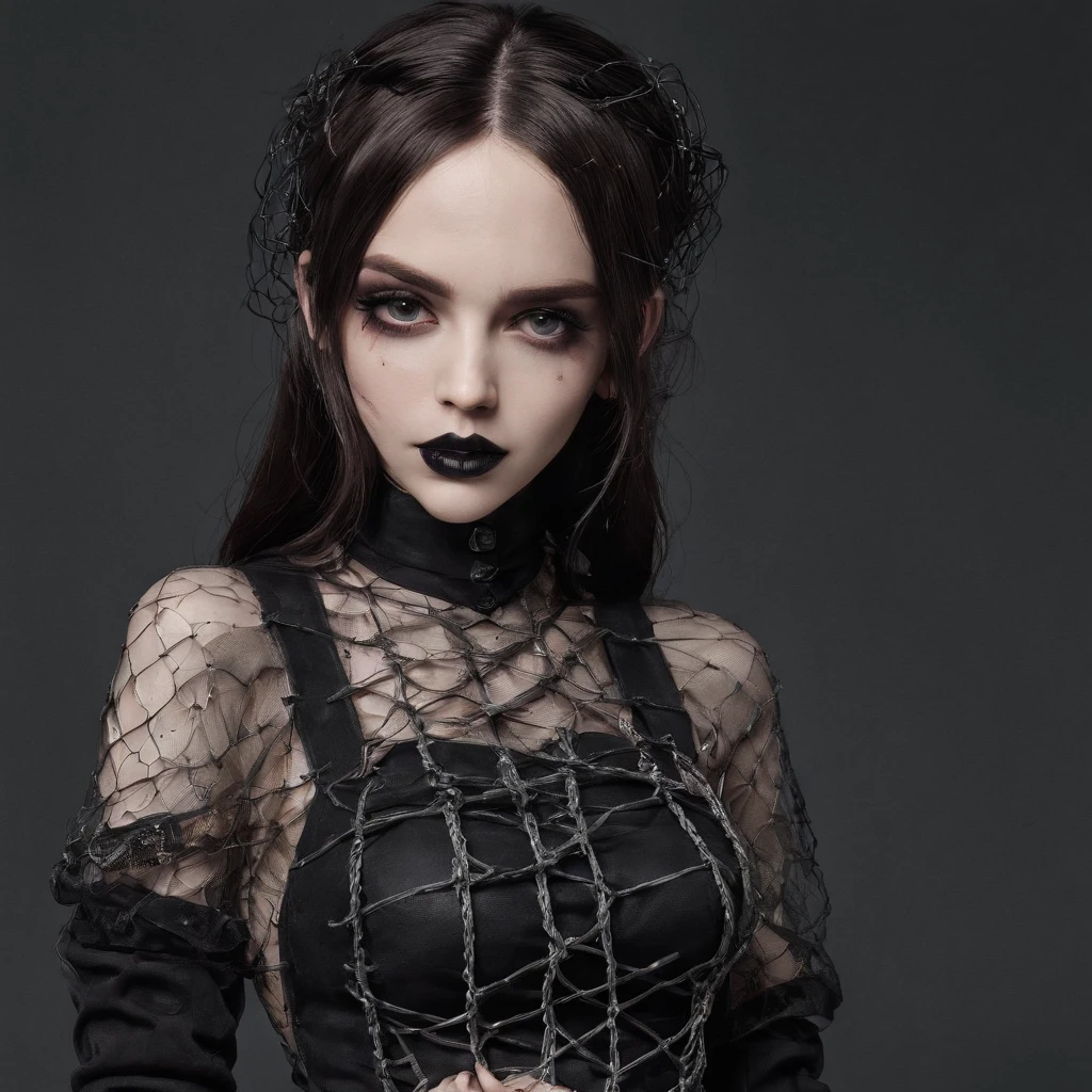 Girl with gothic net symbolic clothes, 。.com (Barbed wire of the body) brunette color hair，Gray hair ends cheesehamburger drop