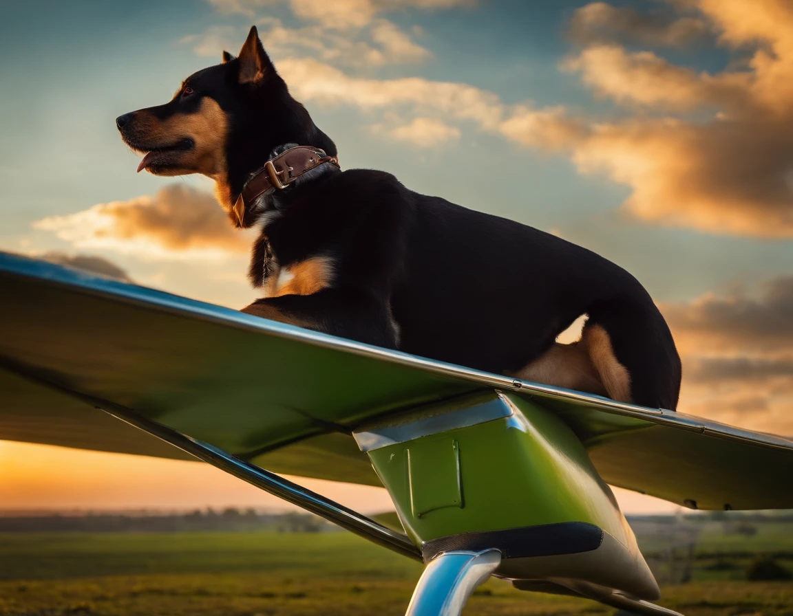 At sunrise, a dog sits on a giant glider,back to the viewer, flying ,towards the clouds ahead