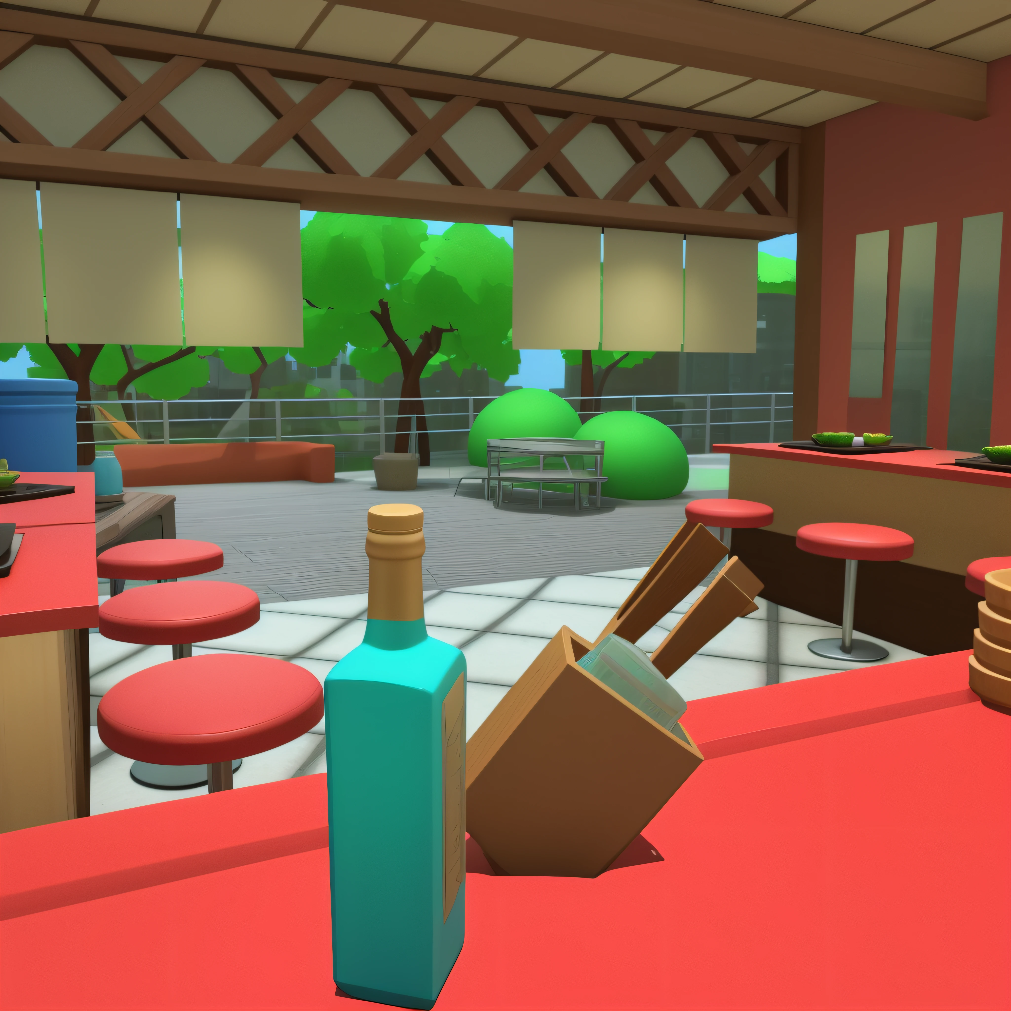 There's a bottle of wine sitting at a table in a restaurant, 3 d stylize scene, stylized as a 3d rendering, 3d rendering stylized, Captura de tela do jogo Life Simulator, VRCabord, 3 d render stylized, sombreamento estilizado, fortemente estilizado, detailed an empty jazz café, cena hiper detalhada, Captura de tela de jogabilidade interior, 3D estilizado