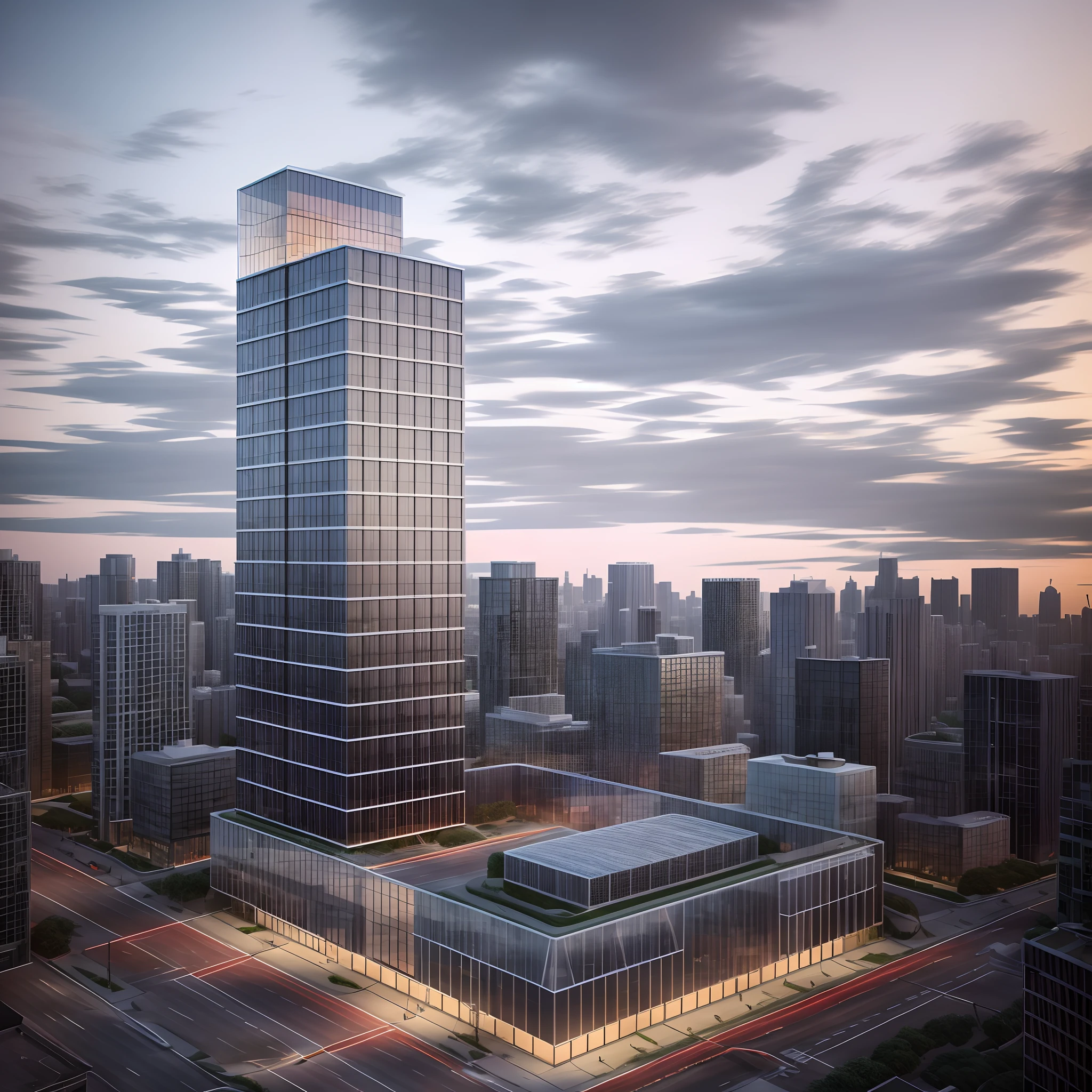 architecture render, digital model, cinematic architectural scale, architectural concepts, architecture visualization, 3D model, buliding，drone point of view，城市，the street，skyscrapper，Building，Reasonable structure，More details