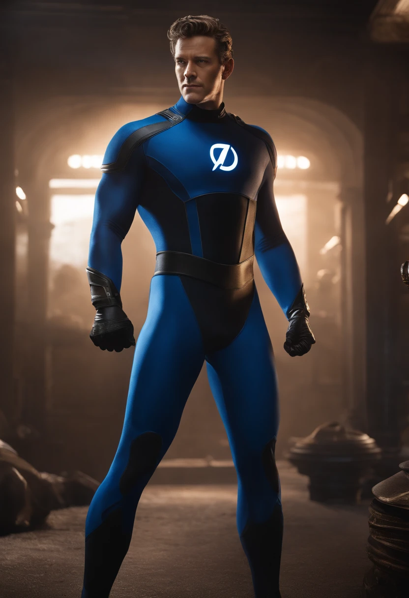 Cinematic soft lighting illuminates a stunningly detailed and ultra-realistic Reed Richards is Mister Fantastic of the Fantastic Four, blue uniform that is trending on ArtStation. Octane is the perfect tool to capture the softest details of this 16k photography masterpiece