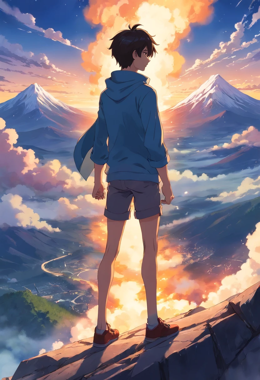 A boy with darkness who has immensive power who slaughtered a clan standing with a great tragic style with no regrets attitude on top of the mountain
