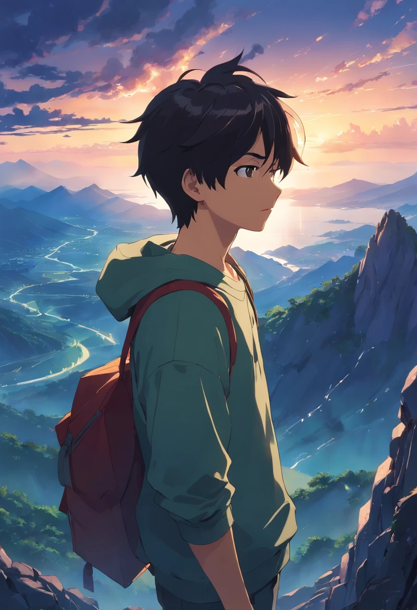 A boy with darkness who has immensive power who slaughtered a clan standing with a great tragic style with no regrets attitude on top of the mountain