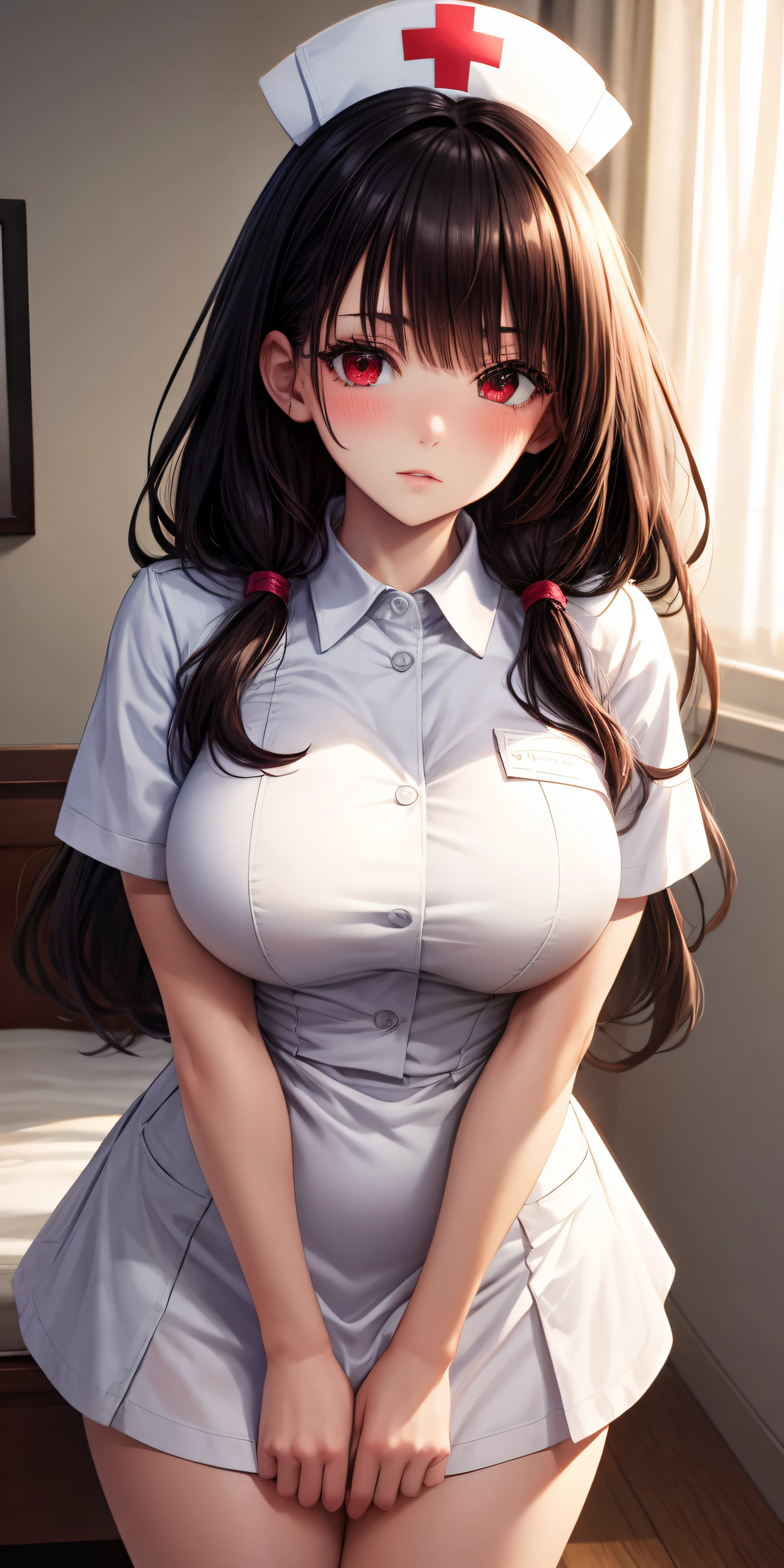 masterpiece, best quality,Extreme Detail, Super detailed,
beautiful eyes, beautiful hair, Beautiful side, beautiful skin,dutch angle, black hair, red eyes, Long Hair, Big Breasts,nurse, Nurse's hat, breast implants, dresses with collars, short skirt, short sleeves, thigh, white dress, white hat,Viewer-oriented, Riding on the viewer, , lie, pov bed, blush, gentle,