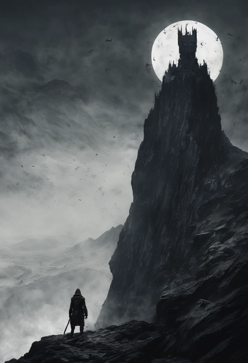 A boy with darkness who has immensive power who slaughtered a clan standing with a great tragic style with no regrets attitude on top of the mountain