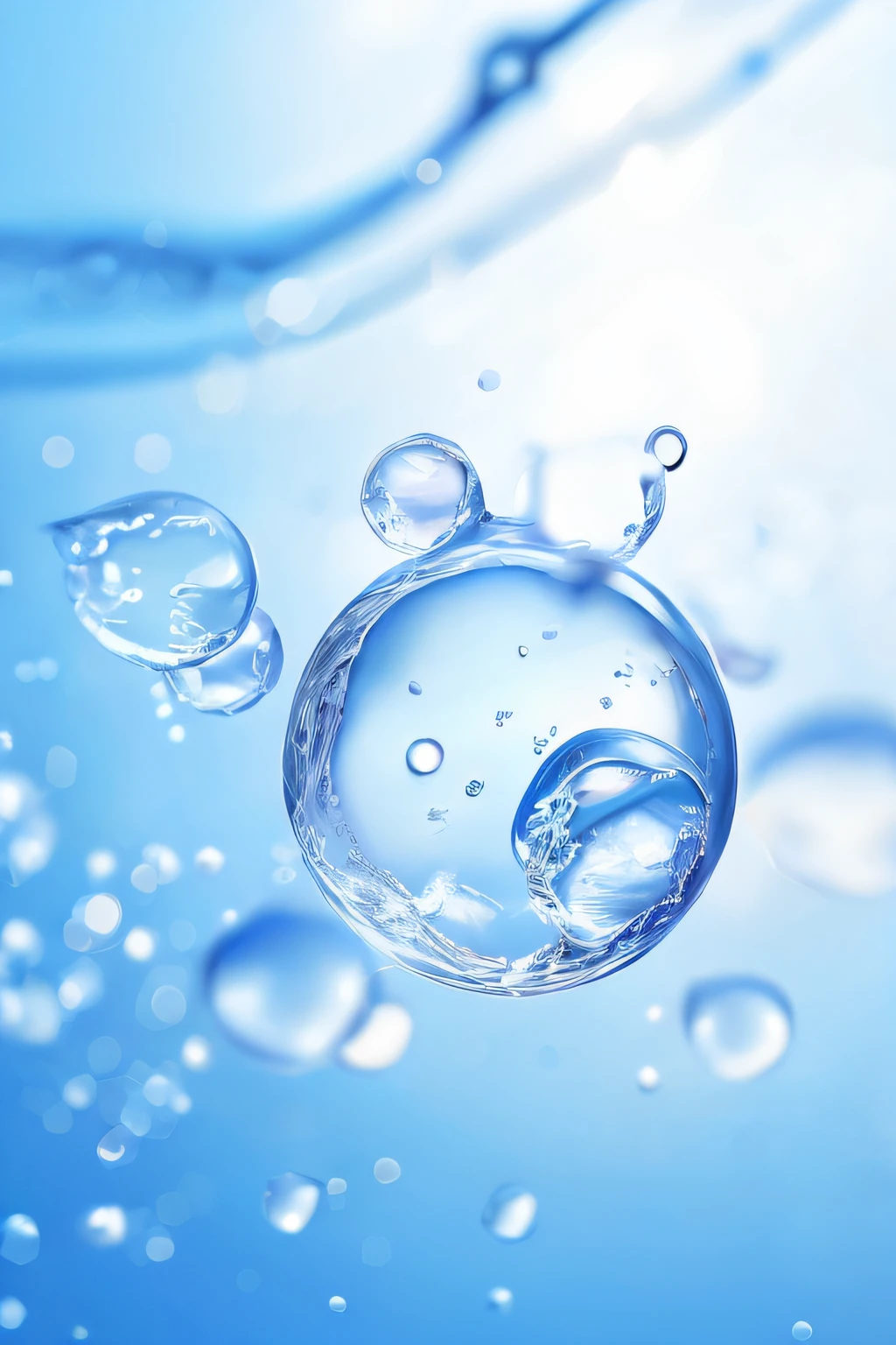 Beauty water molecules, skin, white and translucent, create a poster, transparent material, bright background, blue