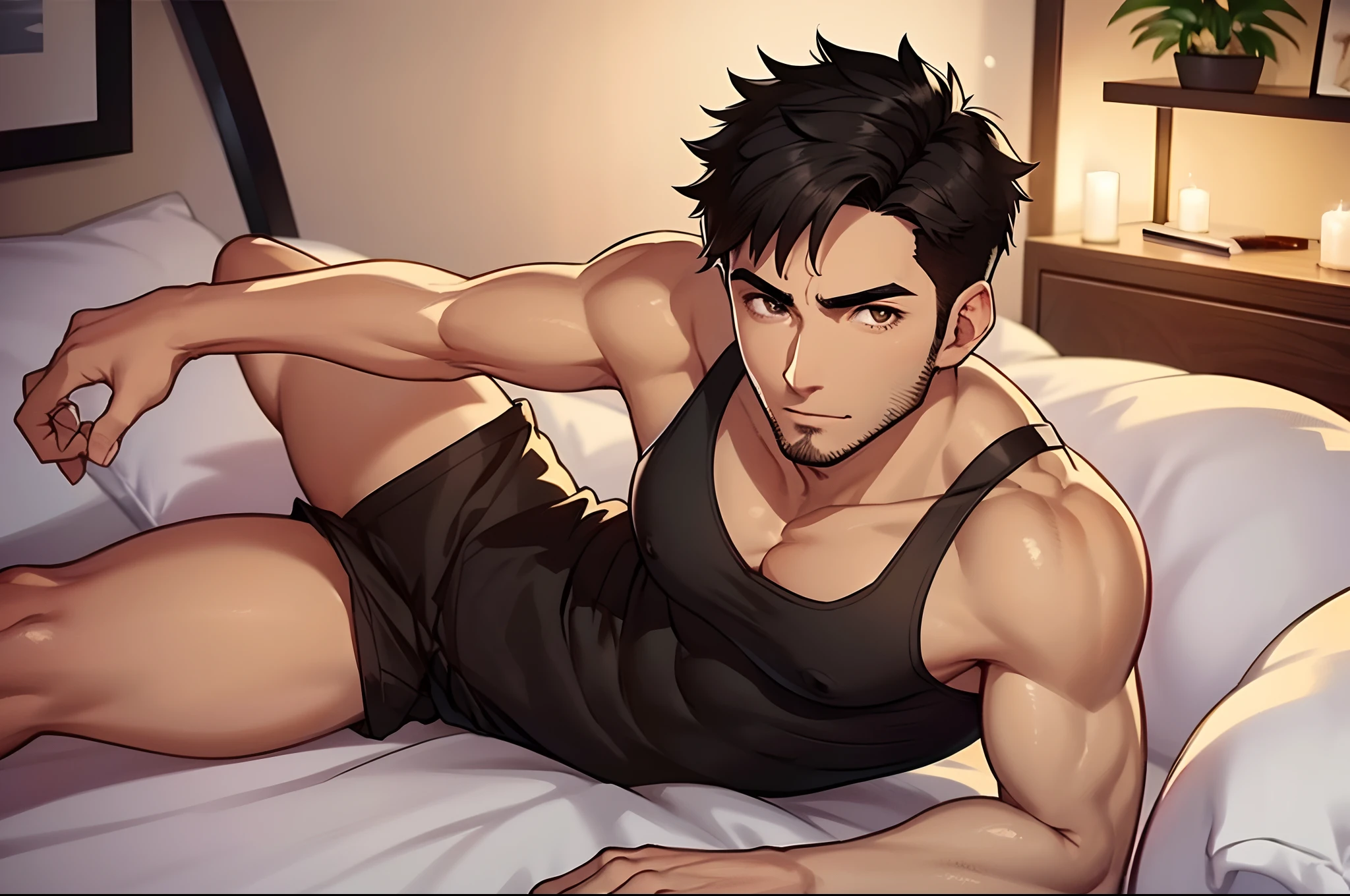 Handsome man , black hair , very short hair , trendy hair style , muscular, brown eyes , mature man , stubble , hairy body . Wearing a white tank top , in a bed room
