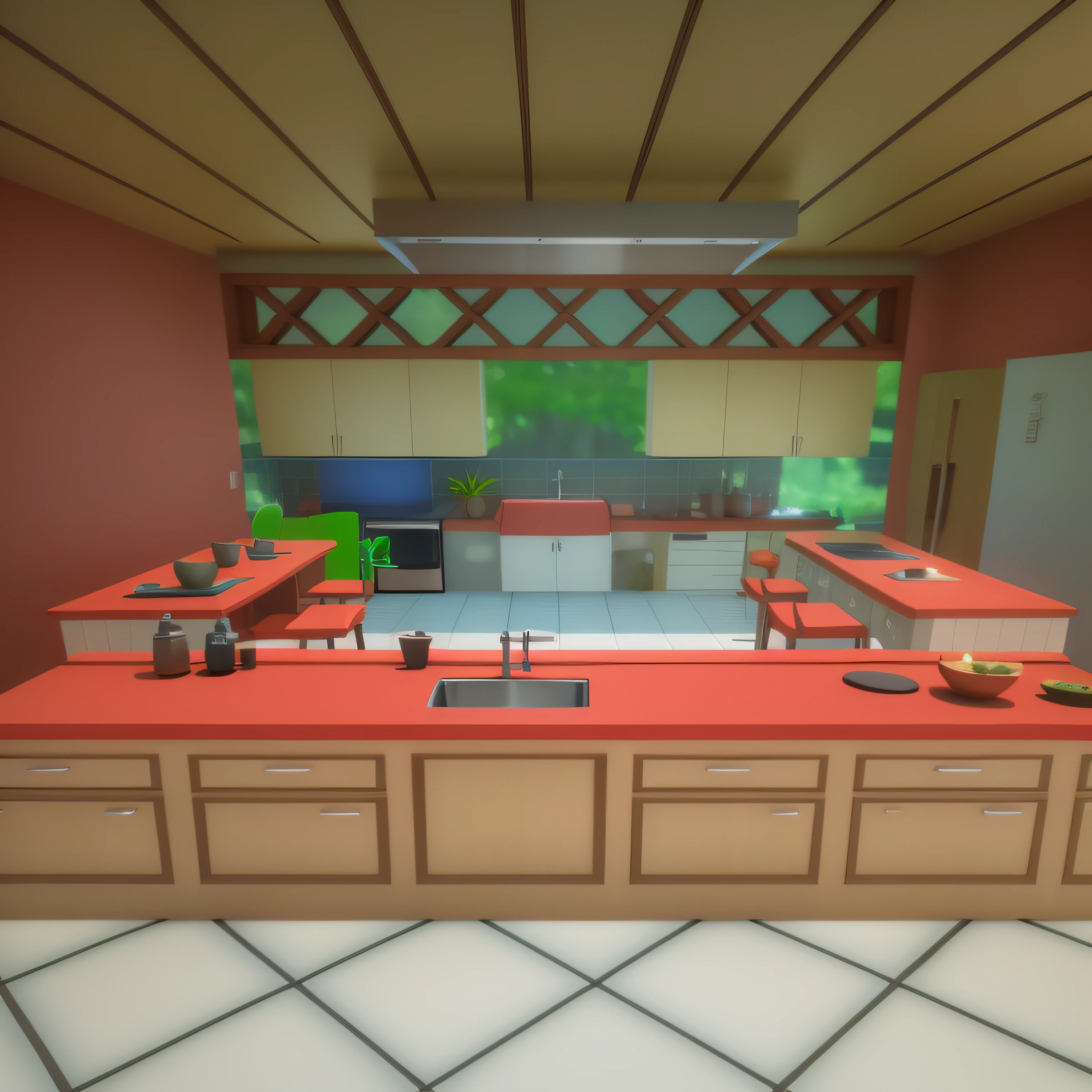 There is a kitchen with a sink and a counter with a bowl on it, 3d rendering stylized, stylized as a 3d rendering, Cozinha da casa em um dia ensolarado, 3 d render stylized, renderizado em unrealengine, renderizado em irreal, Captura de tela de jogabilidade interior, renderizado no motor unreal, renderizado em unreal 5, renderizado em unidade 3 d