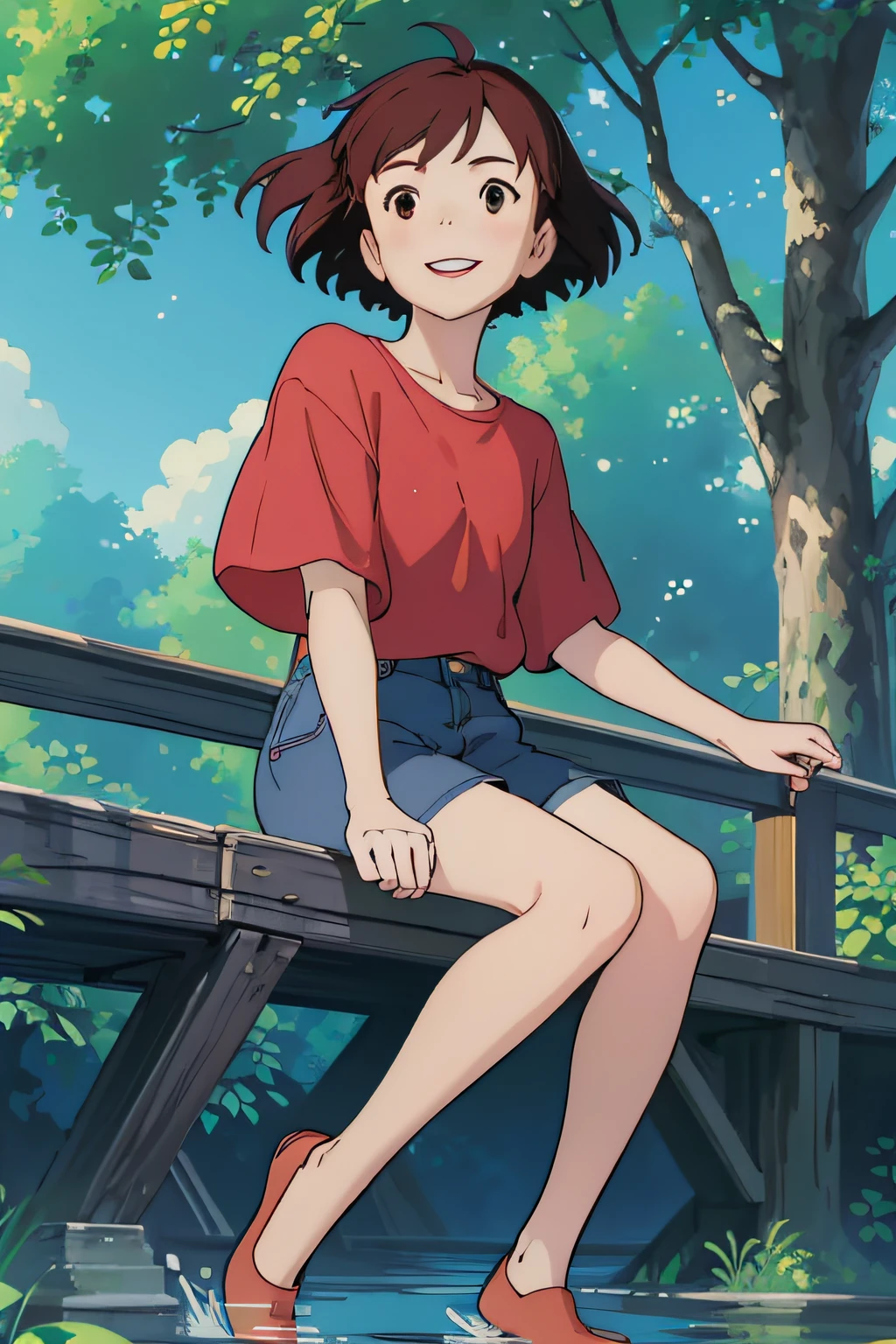 (​masterpiece:1.4)、(top-quality:1.4)、(hight resolution:1.4)、A smile、girl with、Bob Hair、２People Girls、falls、Water droplets、Plain Oversized Red T-Shirt、Wearing shorts、espadrilles、the woods、lo fi、play、Frolic
