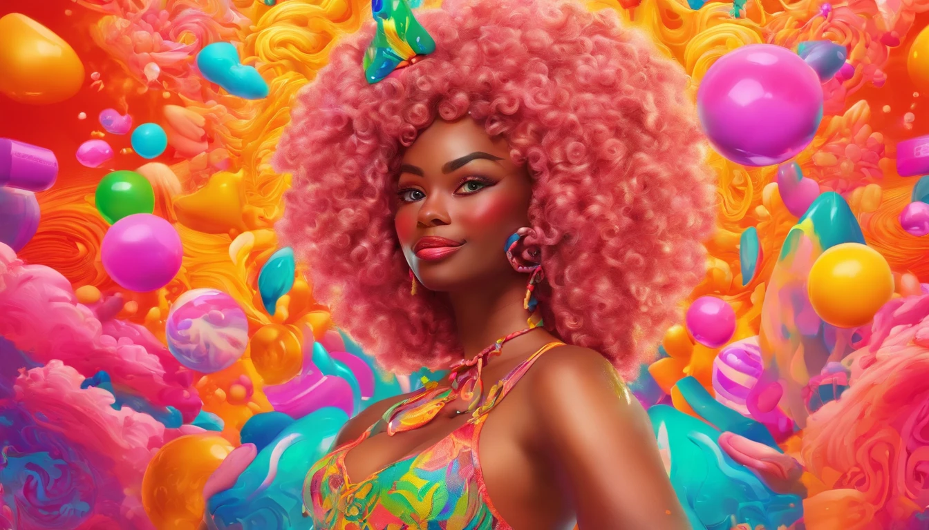 A woman in a bikini, Pixar-style, in the style of luminous three-dimensional objects, has a cartoon smile, with beautiful eyes, dark skin and pink cheeks, a winning photo in the community competition, long strawberry, holding the edge of her dress with both hands, slightly raised, - blonde hair, Dorn, very curly blonde hair, beach feelings, iridescence/Gloss, Ultra Detailed Realistic Picture, 16K - Expressive Style - Negi 5, Best Quality, High Quality, High Resolution, Reinforcement Details