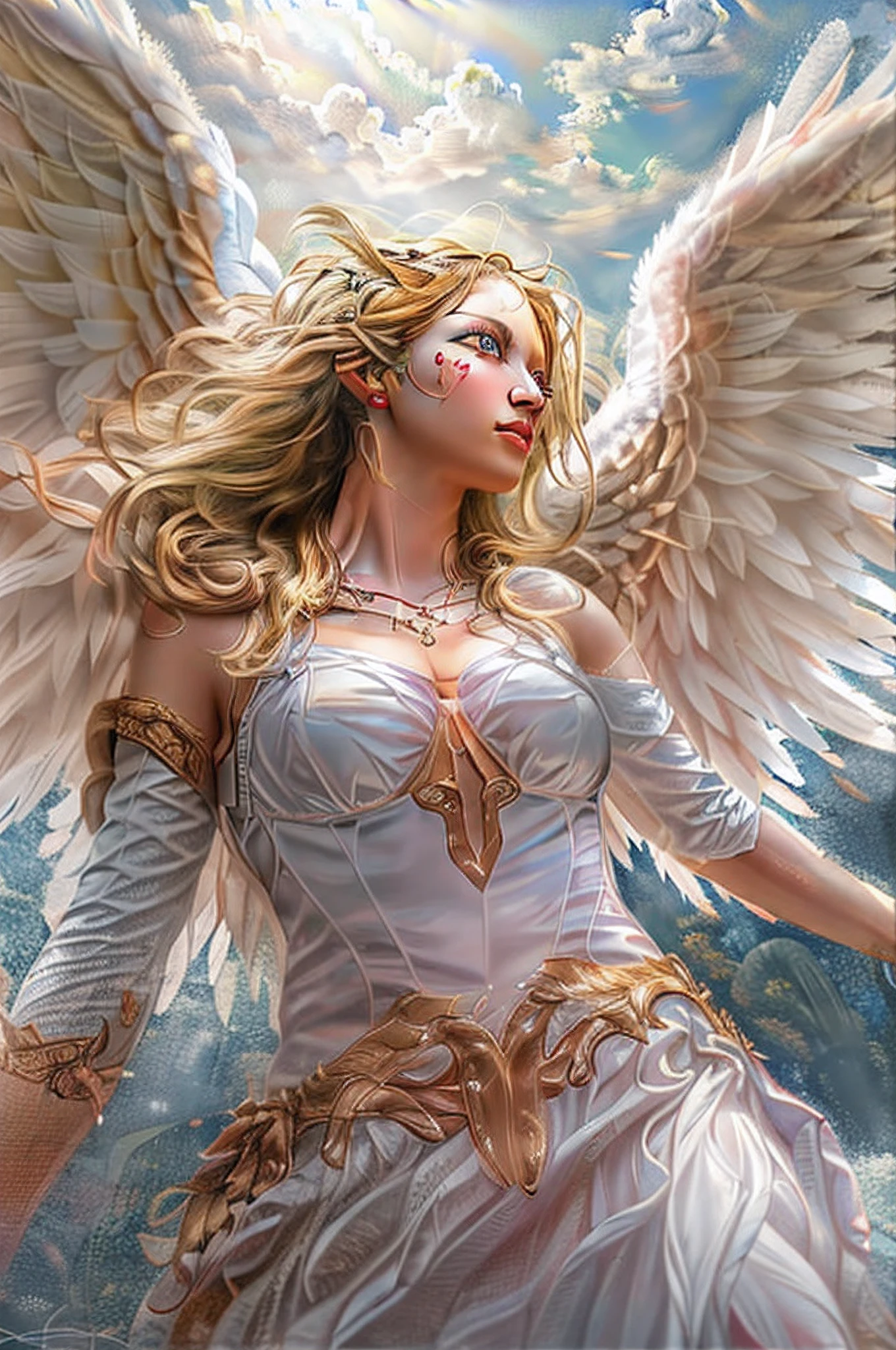 a picture of an archangel, flying in the sky (best details, Masterpiece, best quality :1.5), cloudy skies background, an epic a female angel (best details, Masterpiece, best quality :1.5) extremely beautiful woman angel,  blond hair, intense eye, angel_wings, angel wings wide spread, ultra feminine, ultra detailed face, wearing heavenly armor,  birds view, sun rays, divine rays, sense of divinity, sense of awe majestic atmosphere, ultra best realistic, best details, best quality, 16k, [ultra detailed], masterpiece, best quality, (extremely detailed), ultra wide shot, photorealism, depth of field, hyper realistic painting,