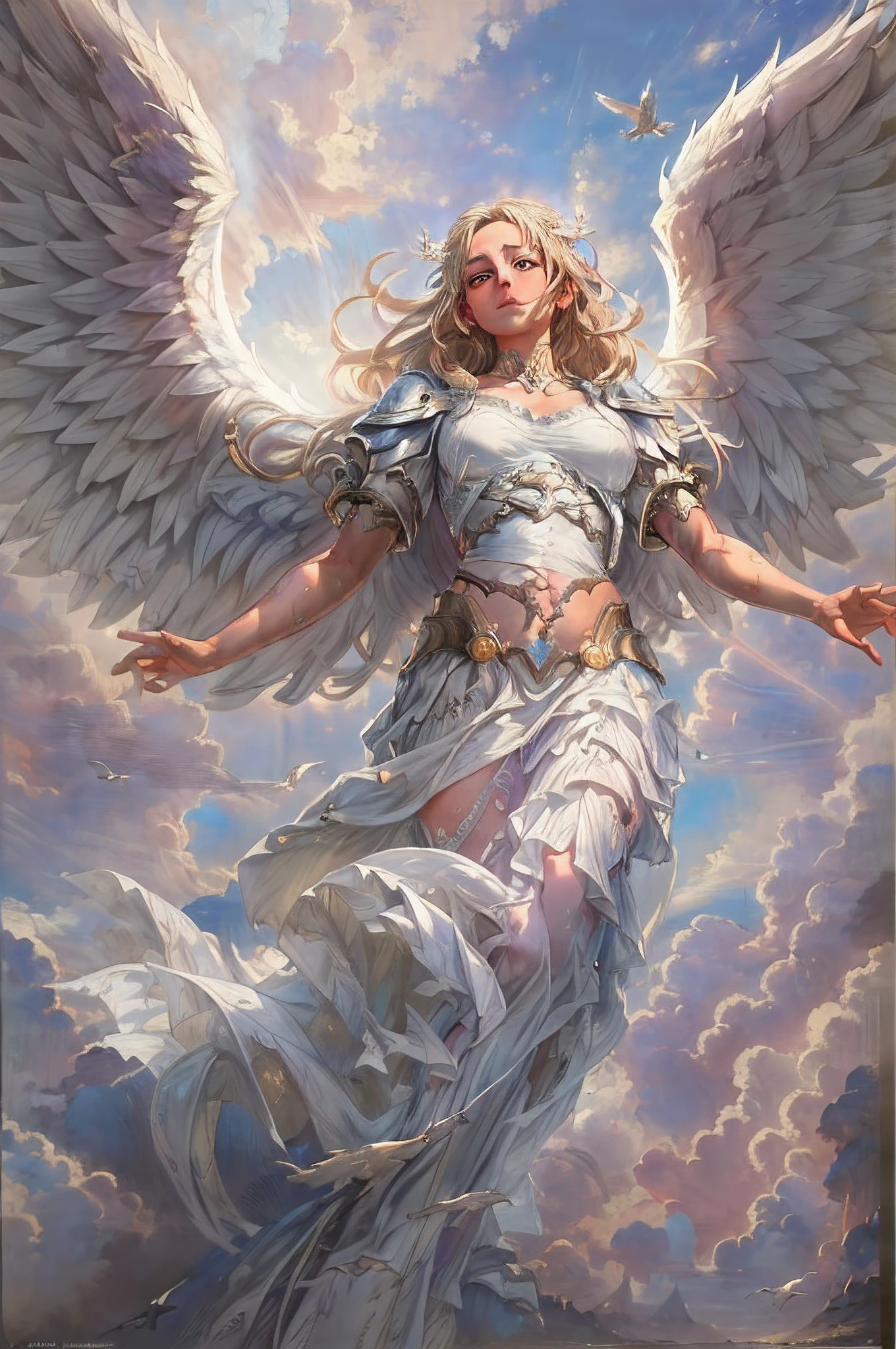 a picture of an archangel, flying in the sky (best details, Masterpiece, best quality :1.5), cloudy skies background, an epic a female angel (best details, Masterpiece, best quality :1.5) extremely beautiful woman angel,  blond hair, intense eye, angel_wings, angel wings wide spread, ultra feminine, ultra detailed face, wearing heavenly armor,  birds view, sun rays, divine rays, sense of divinity, sense of awe majestic atmosphere, ultra best realistic, best details, best quality, 16k, [ultra detailed], masterpiece, best quality, (extremely detailed), ultra wide shot, photorealism, depth of field, hyper realistic painting,